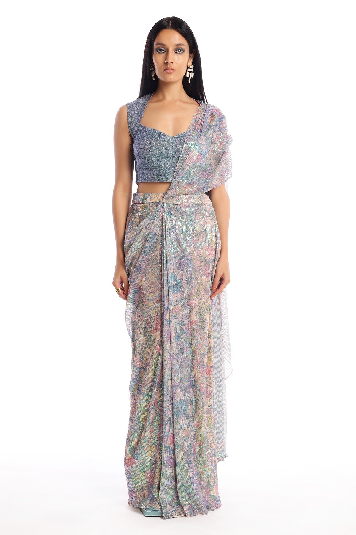 Gleamora - Multicolour Sequin Tulle Pre-Drapped Saree Set