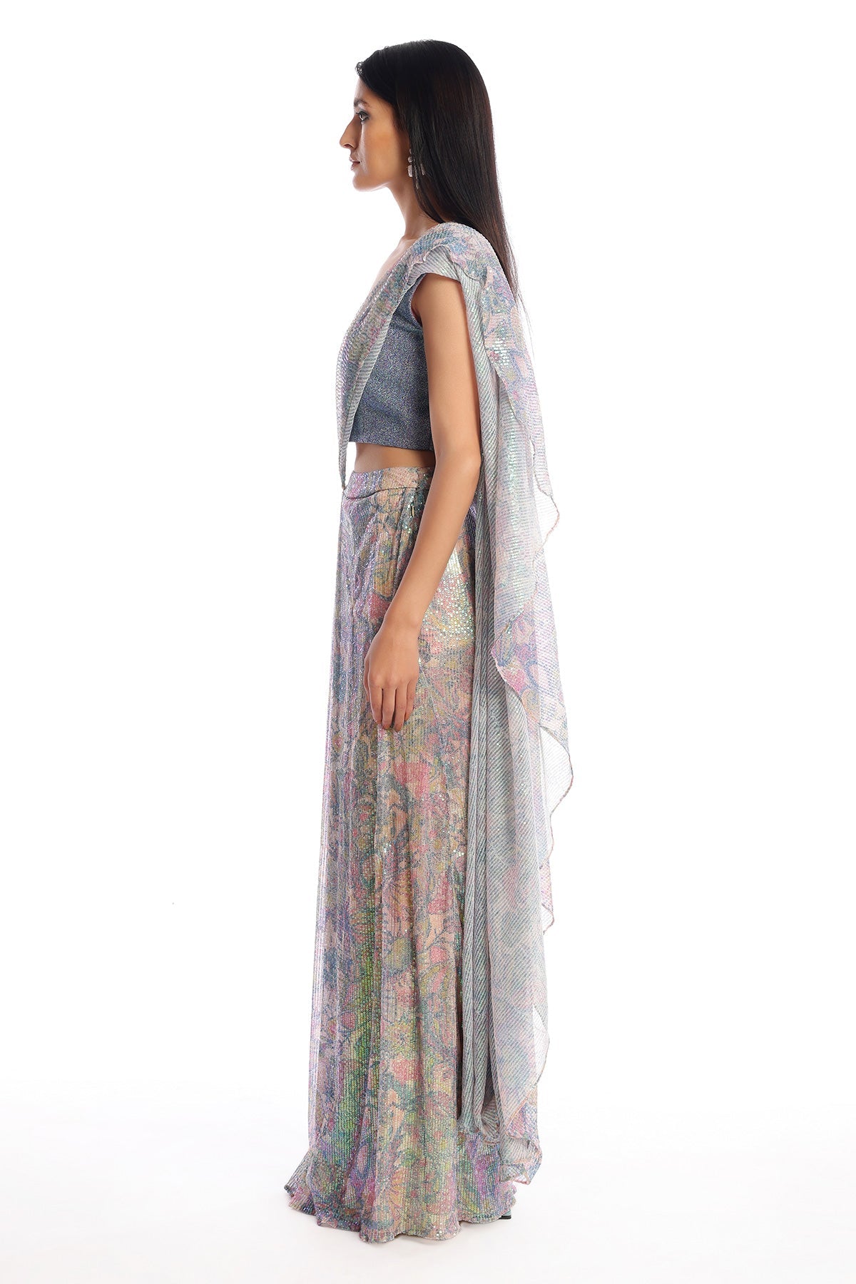 Gleamora - Multicolour Sequin Tulle Pre-Drapped Saree Set