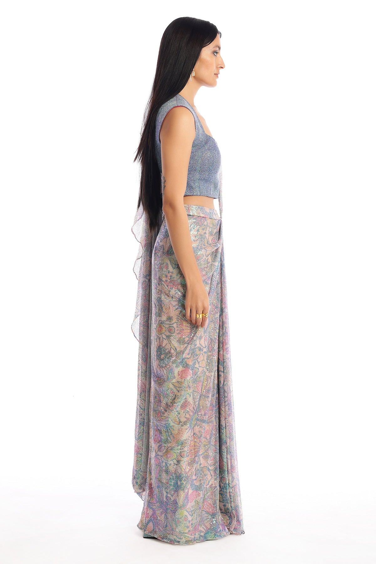 Gleamora - Multicolour Sequin Tulle Pre-Drapped Saree Set