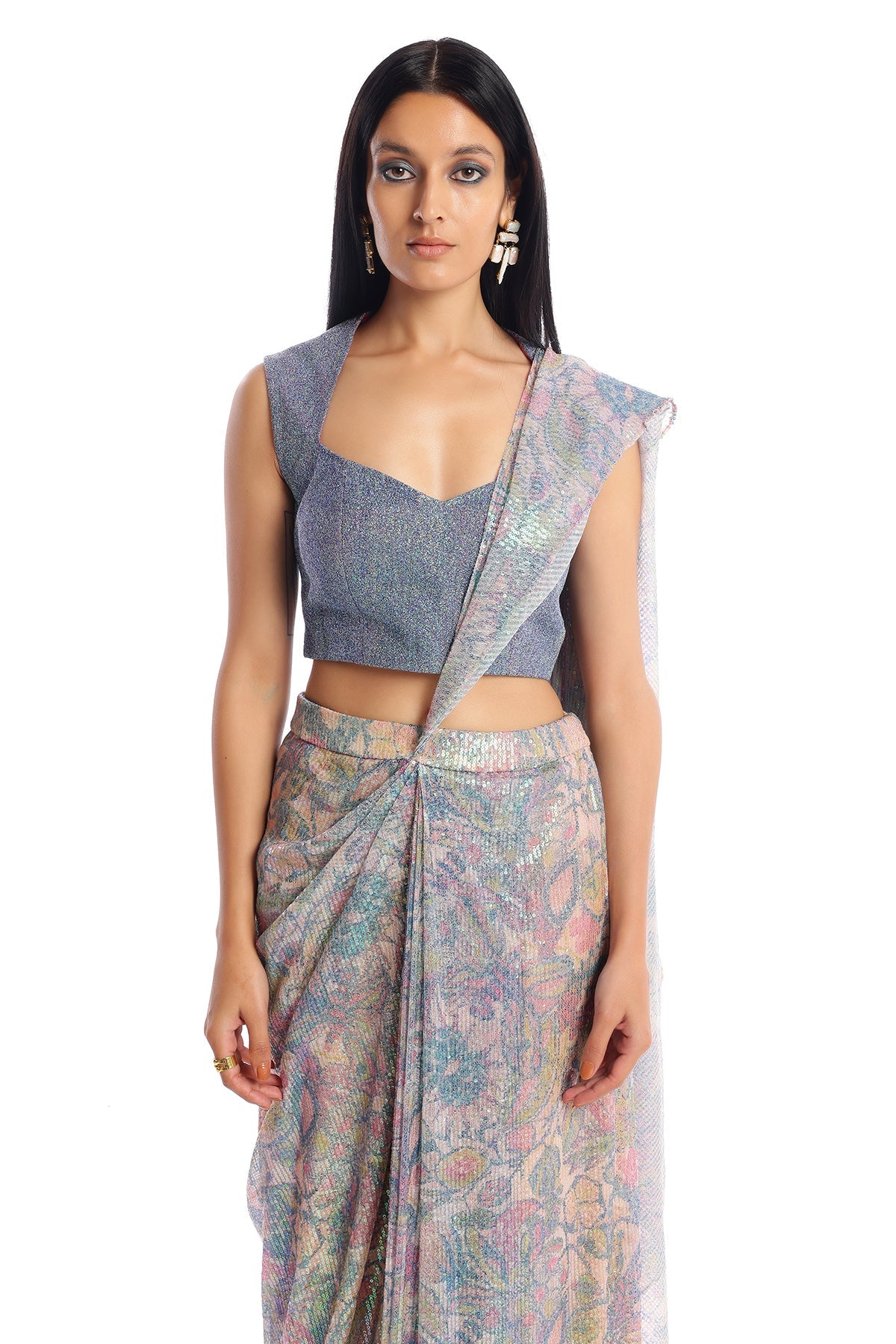 Gleamora - Multicolour Sequin Tulle Pre-Drapped Saree Set
