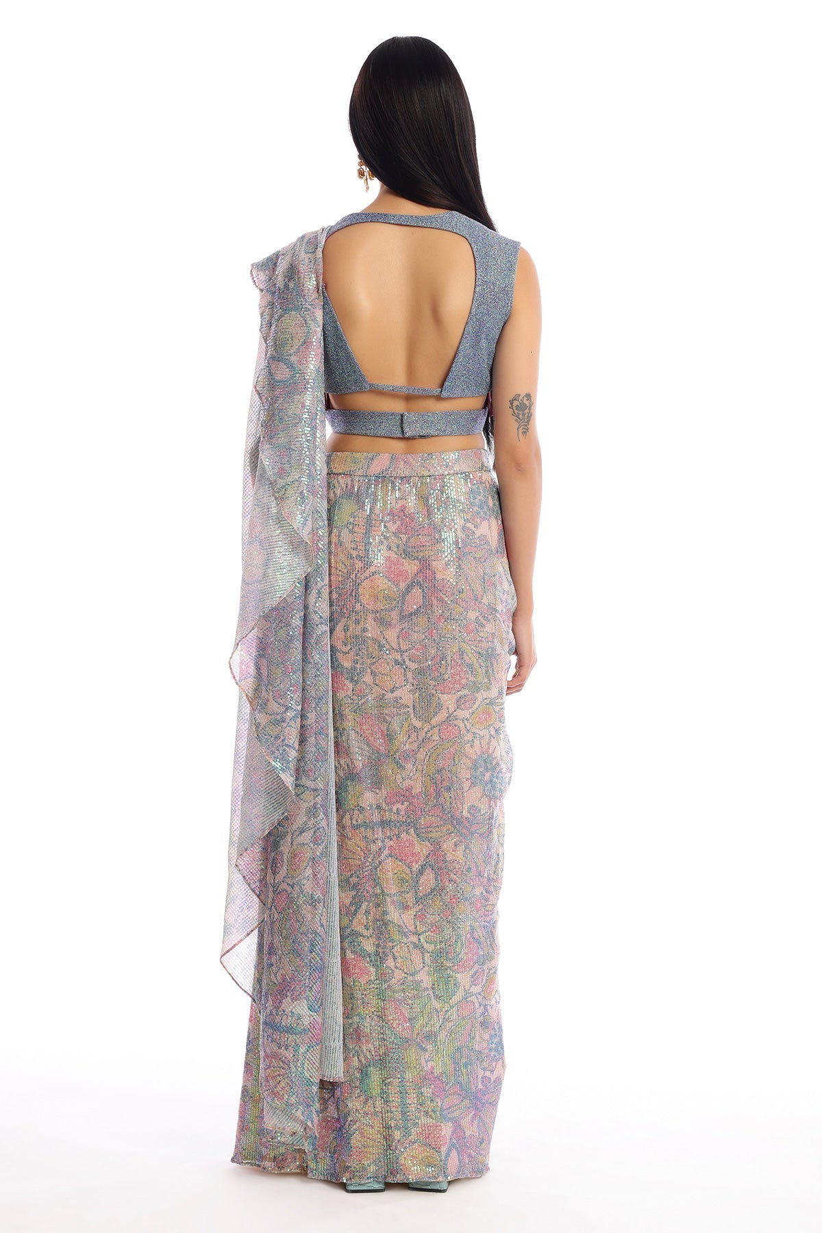 Gleamora - Multicolour Sequin Tulle Pre-Drapped Saree Set