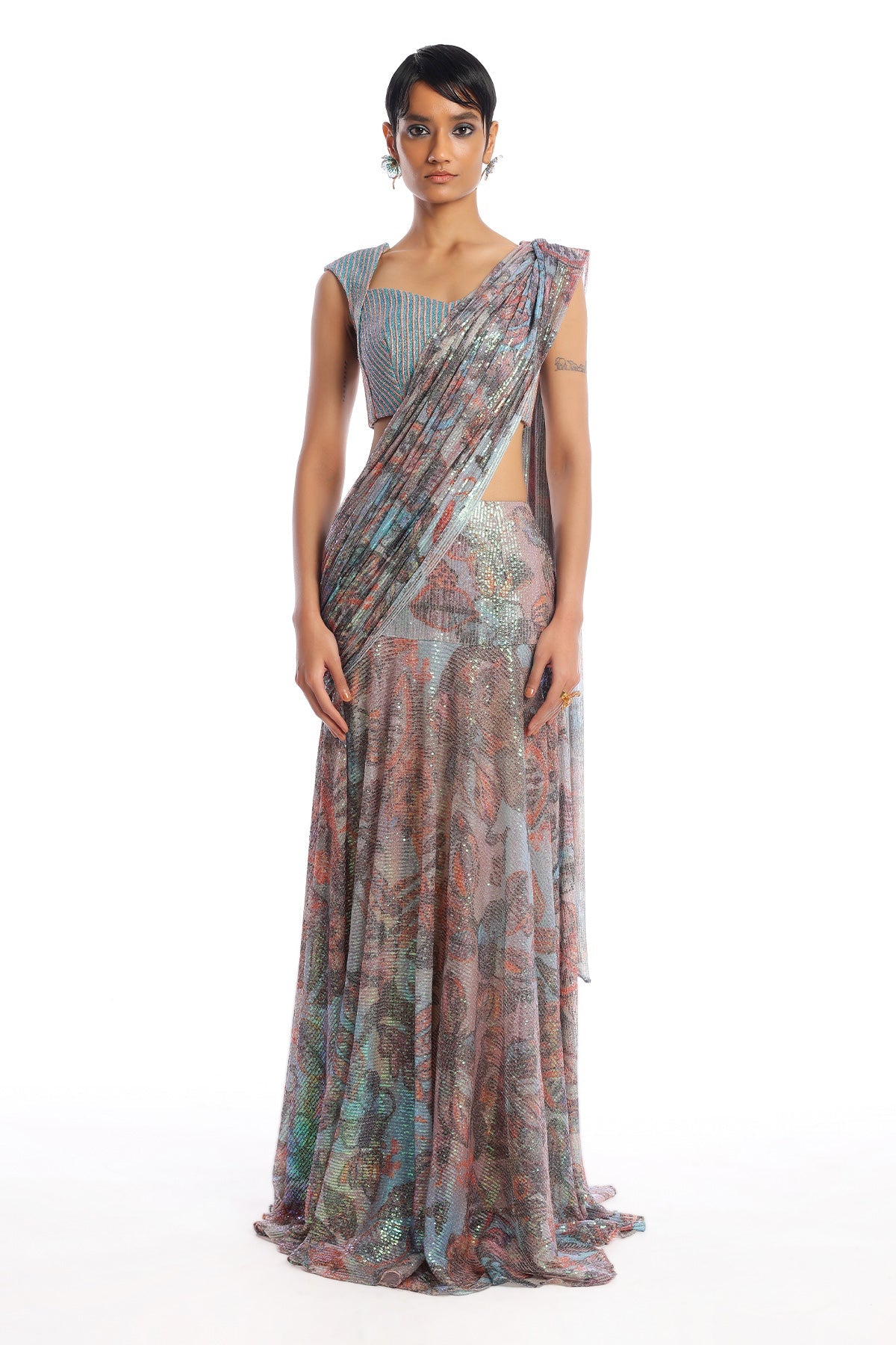 Prism - Misty Blue Sequin Tulle Lehenga Saree