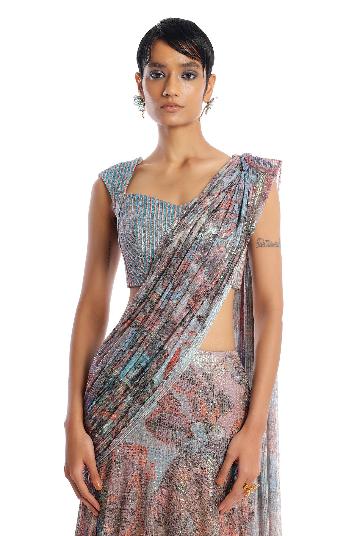 Prism - Misty Blue Sequin Tulle Lehenga Saree
