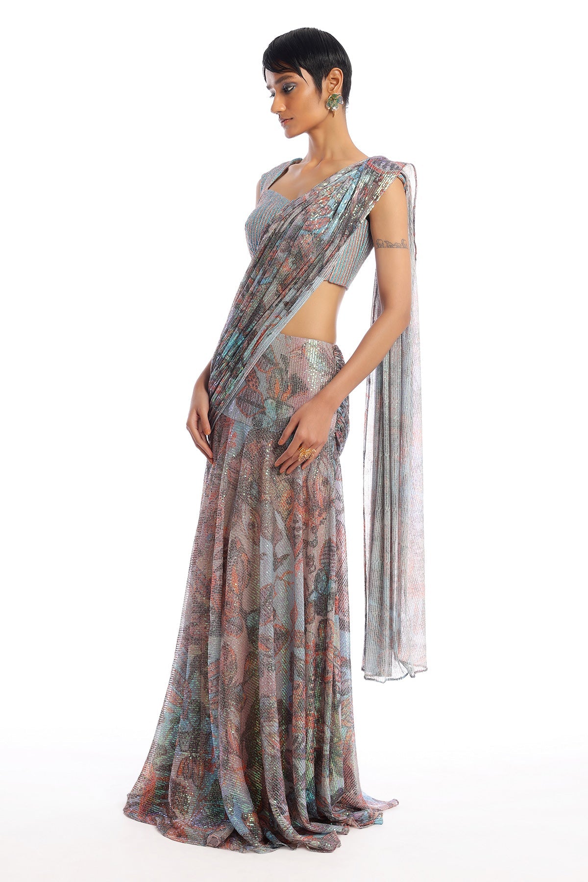Prism - Misty Blue Sequin Tulle Lehenga Saree