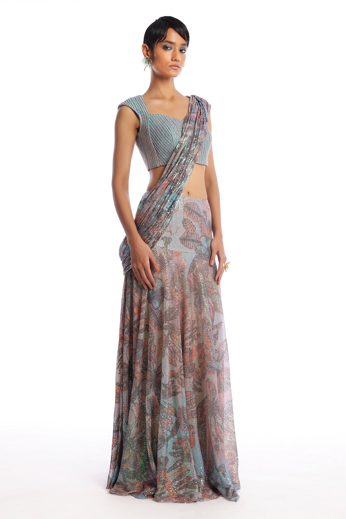 Prism - Misty Blue Sequin Tulle Lehenga Saree