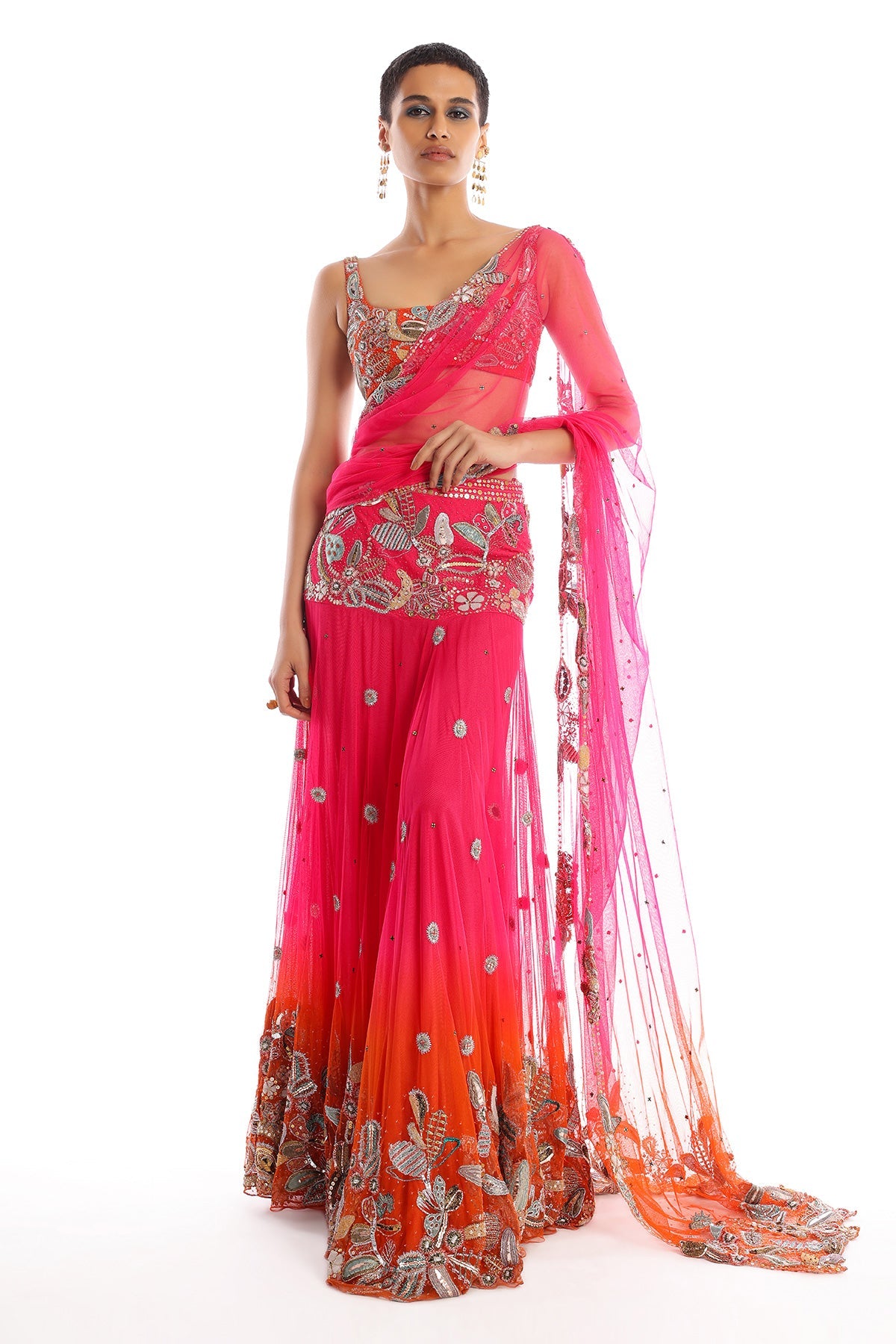 Idyllic -  Fuchsia - Tangerine Tulle Net Saree Set