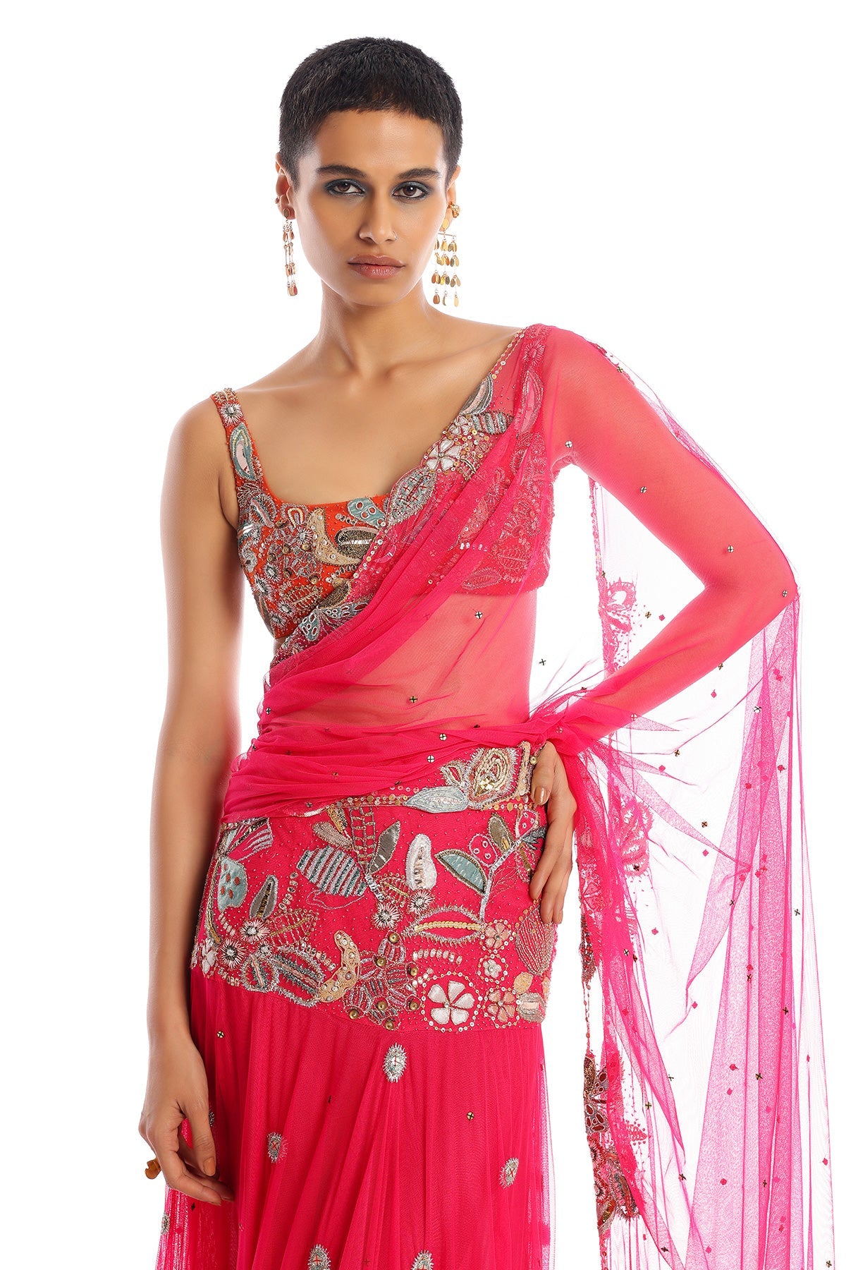 Idyllic -  Fuchsia - Tangerine Tulle Net Saree Set