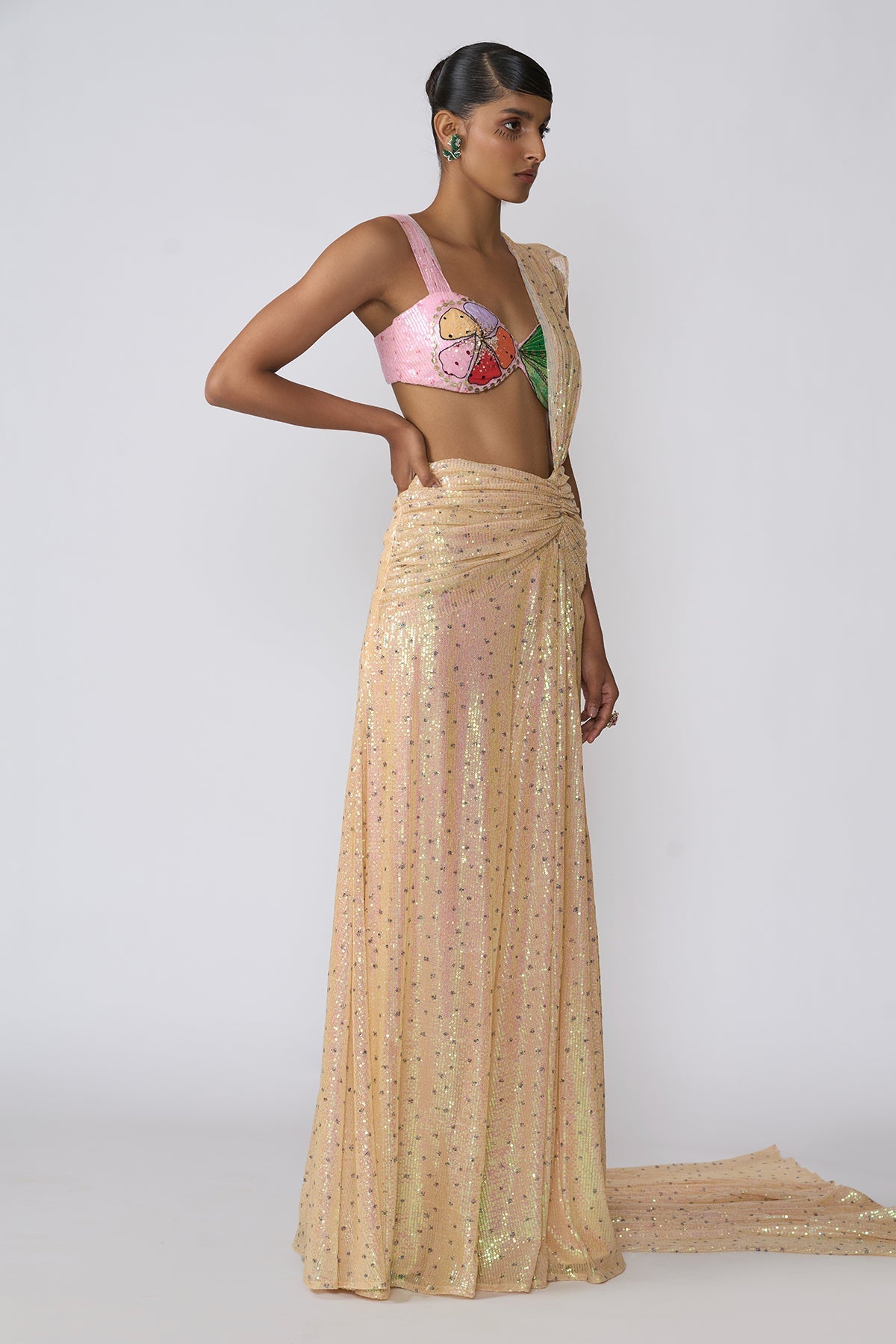 Solara - Flax Yellow Sequin Tulle Saree Set