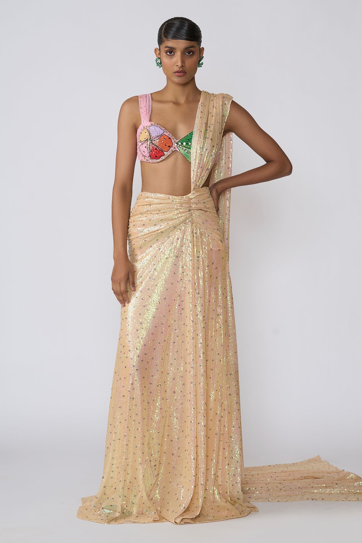 Solara - Flax Yellow Sequin Tulle Saree Set