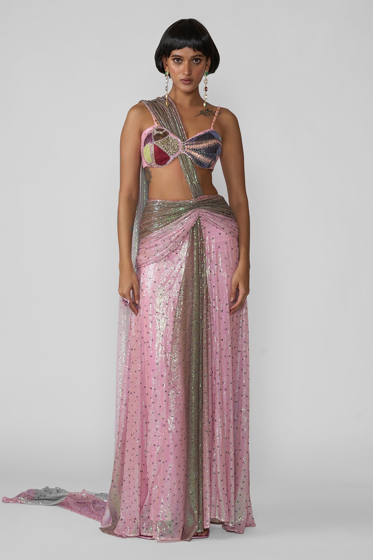 Aven - Pink - Brown Ombre Sequin Tulle Draped Saree