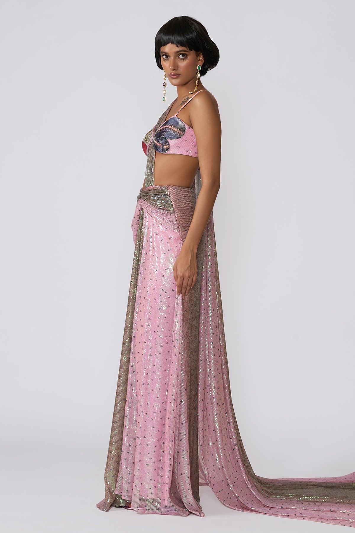Aven - Pink - Brown Ombre Sequin Tulle Draped Saree