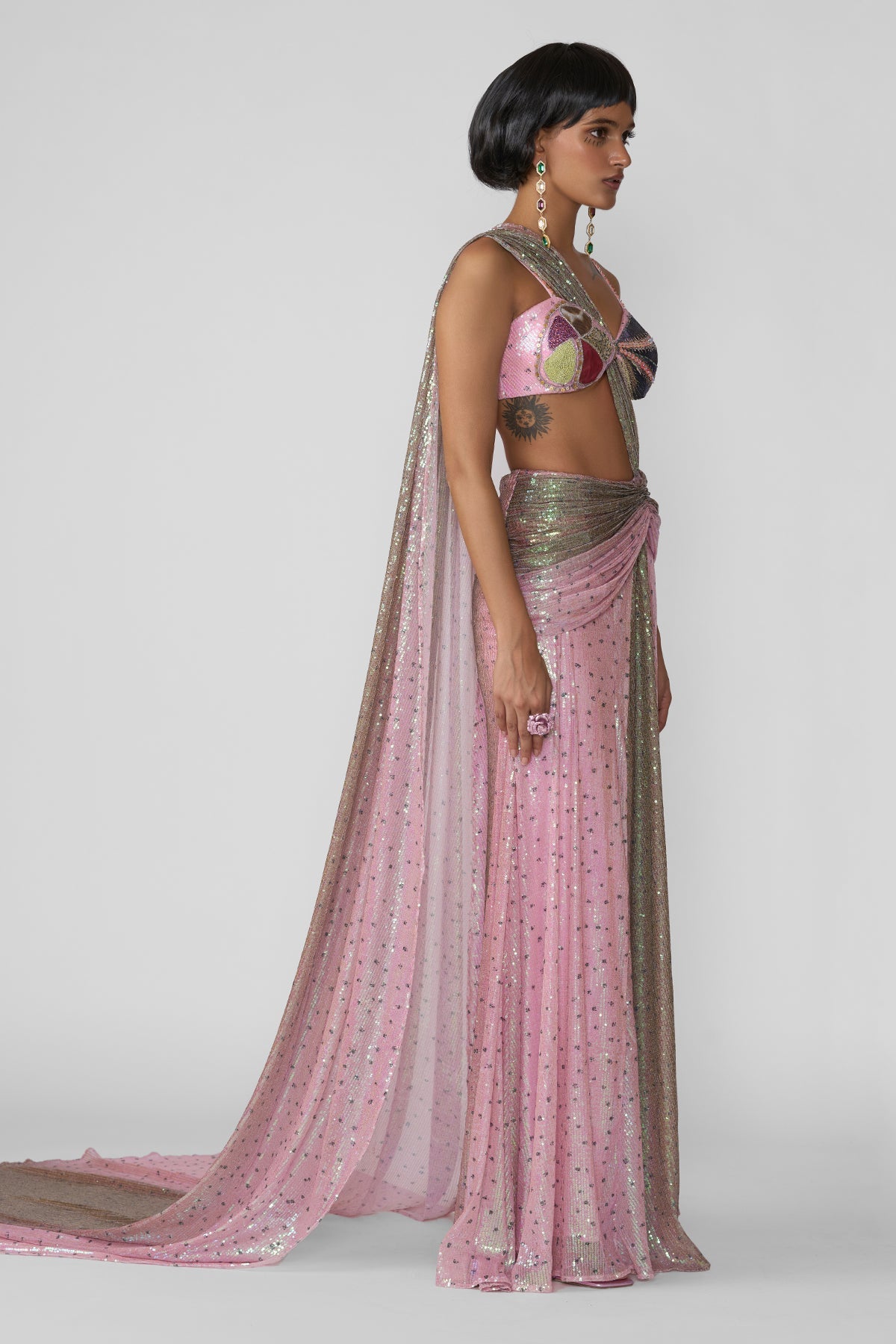 Aven - Pink - Brown Ombre Sequin Tulle Draped Saree