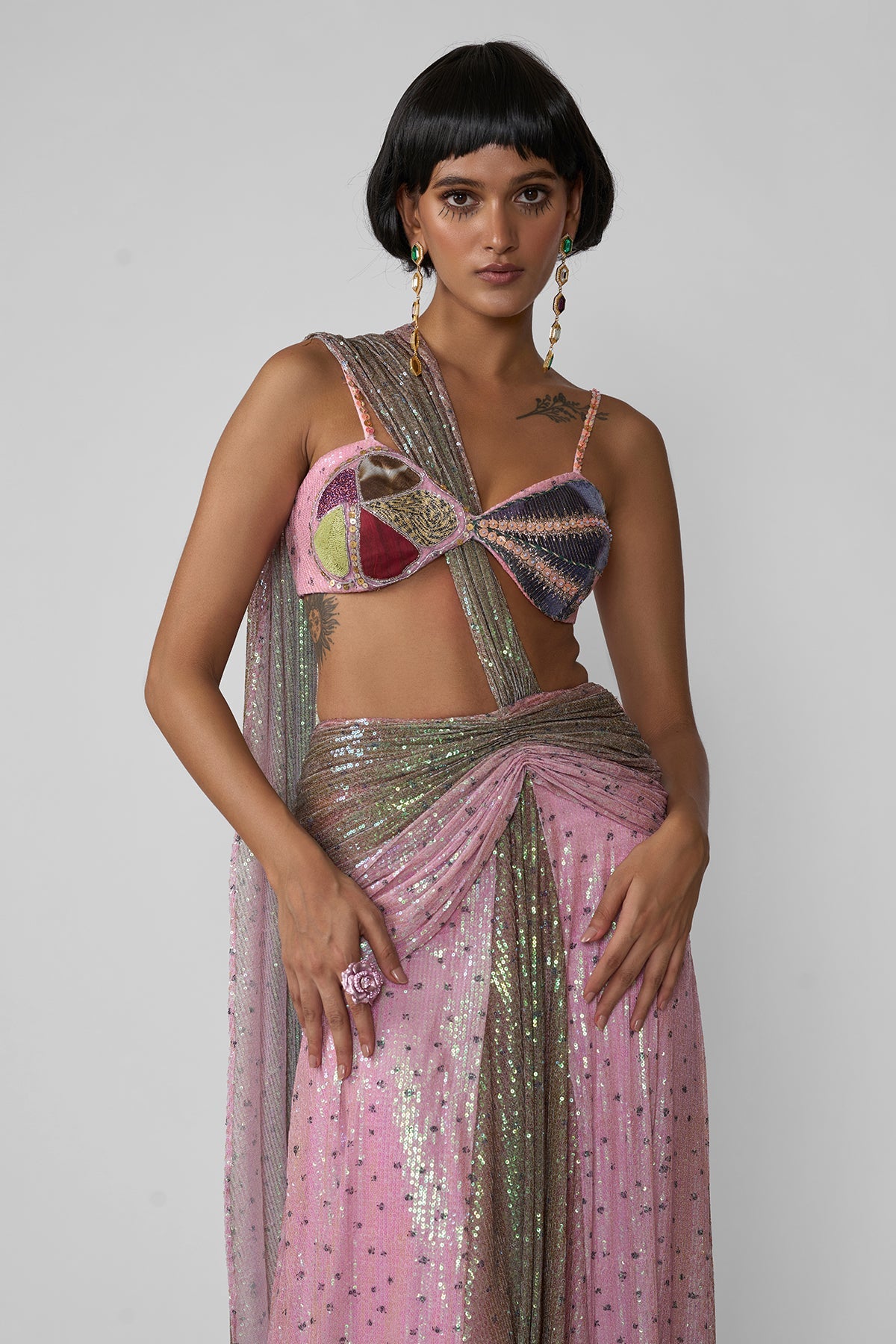 Aven - Pink - Brown Ombre Sequin Tulle Draped Saree