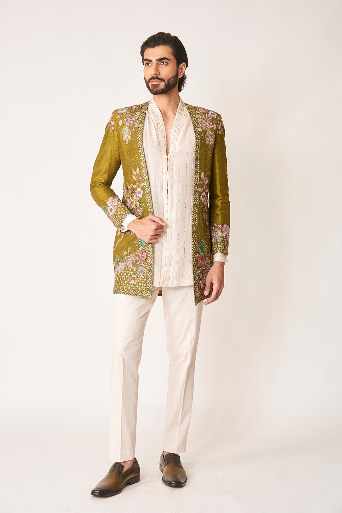 Cypres - Olive Dupion Silk Open Jacket Set