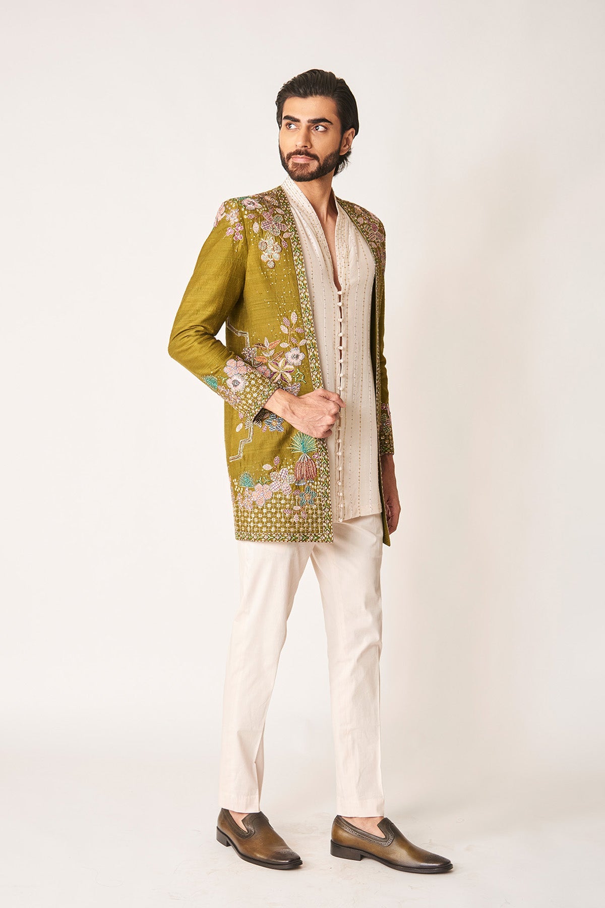 Cypres - Olive Dupion Silk Open Jacket Set