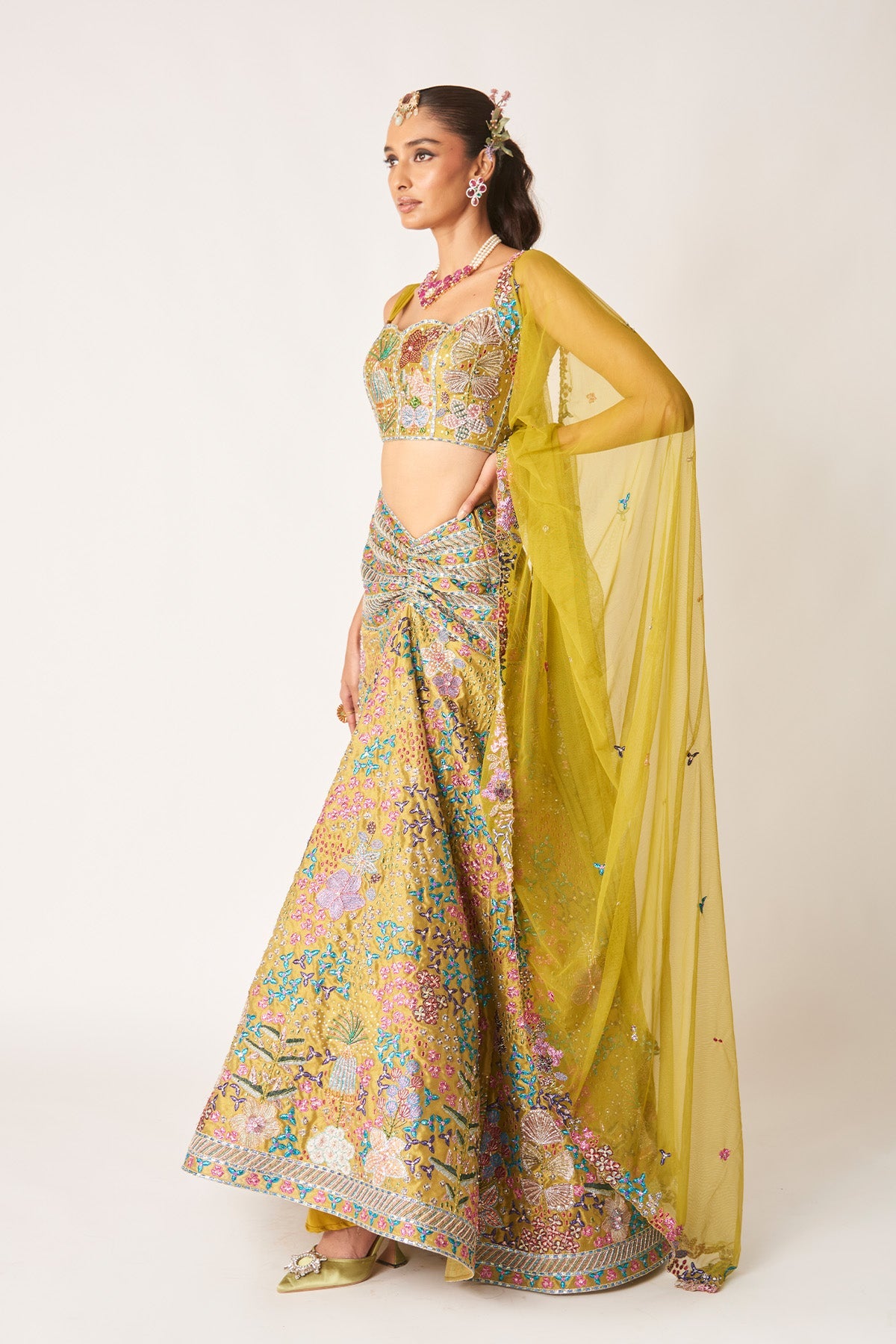 Sharvari In Olésia - Olive Tissue Ruched Lehenga Set