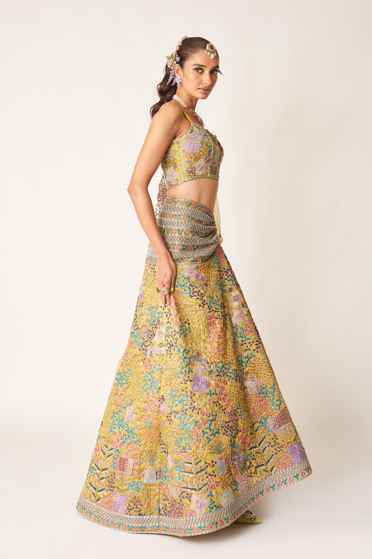 Sharvari In Olésia - Olive Tissue Ruched Lehenga Set