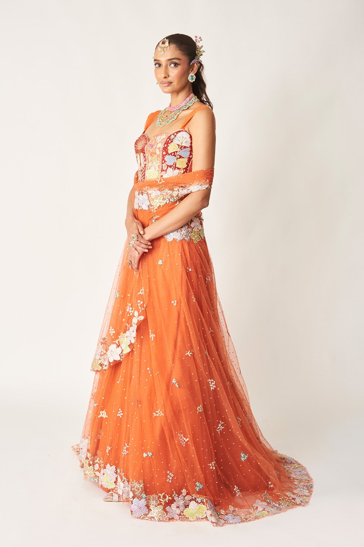 Azalée - Orange Tulle Net Saree Lehenga Set