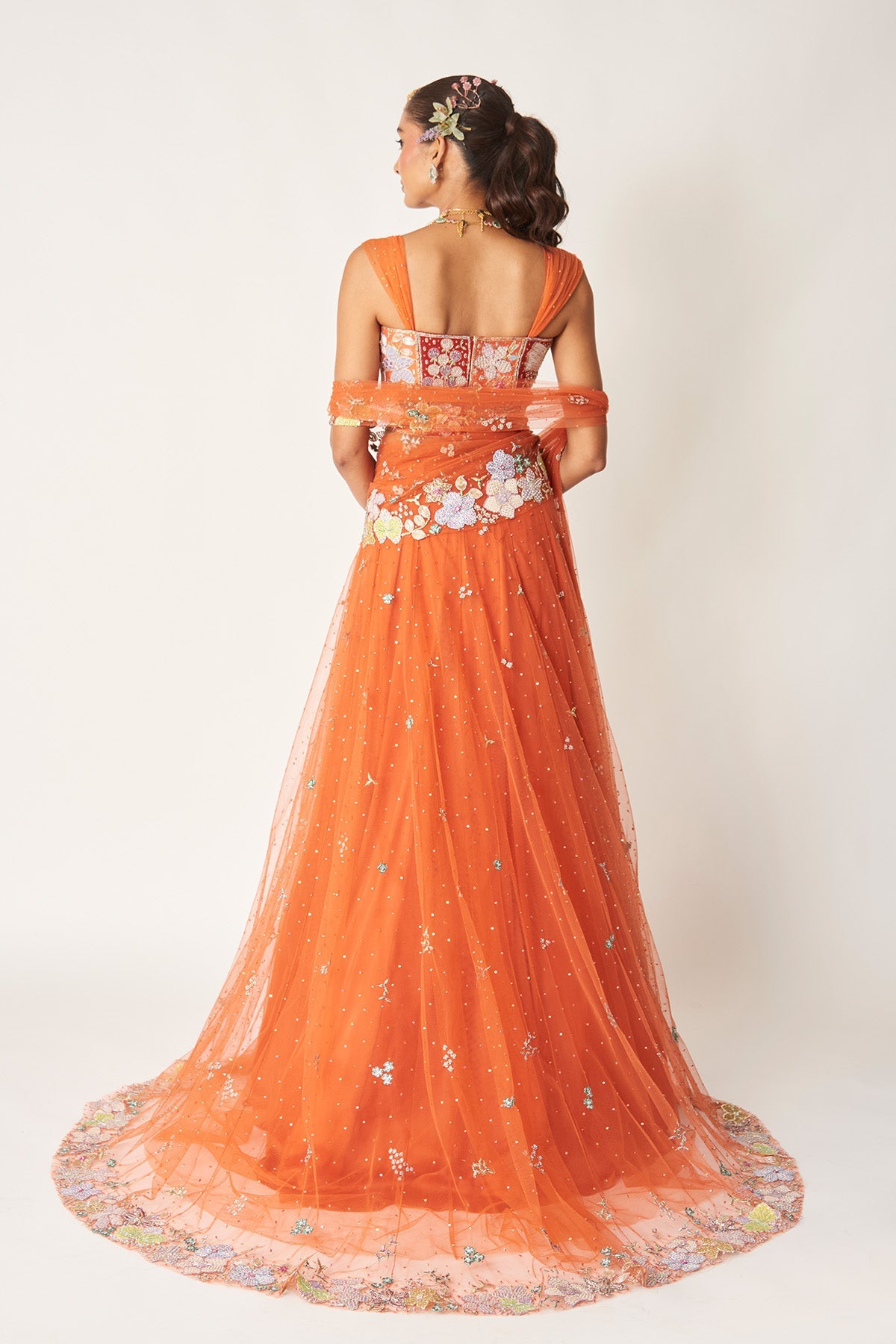 Azalée - Orange Tulle Net Saree Lehenga Set