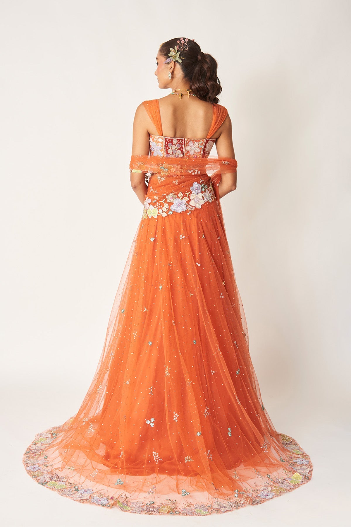 Azalée - Orange Tulle Net Saree Lehenga Set