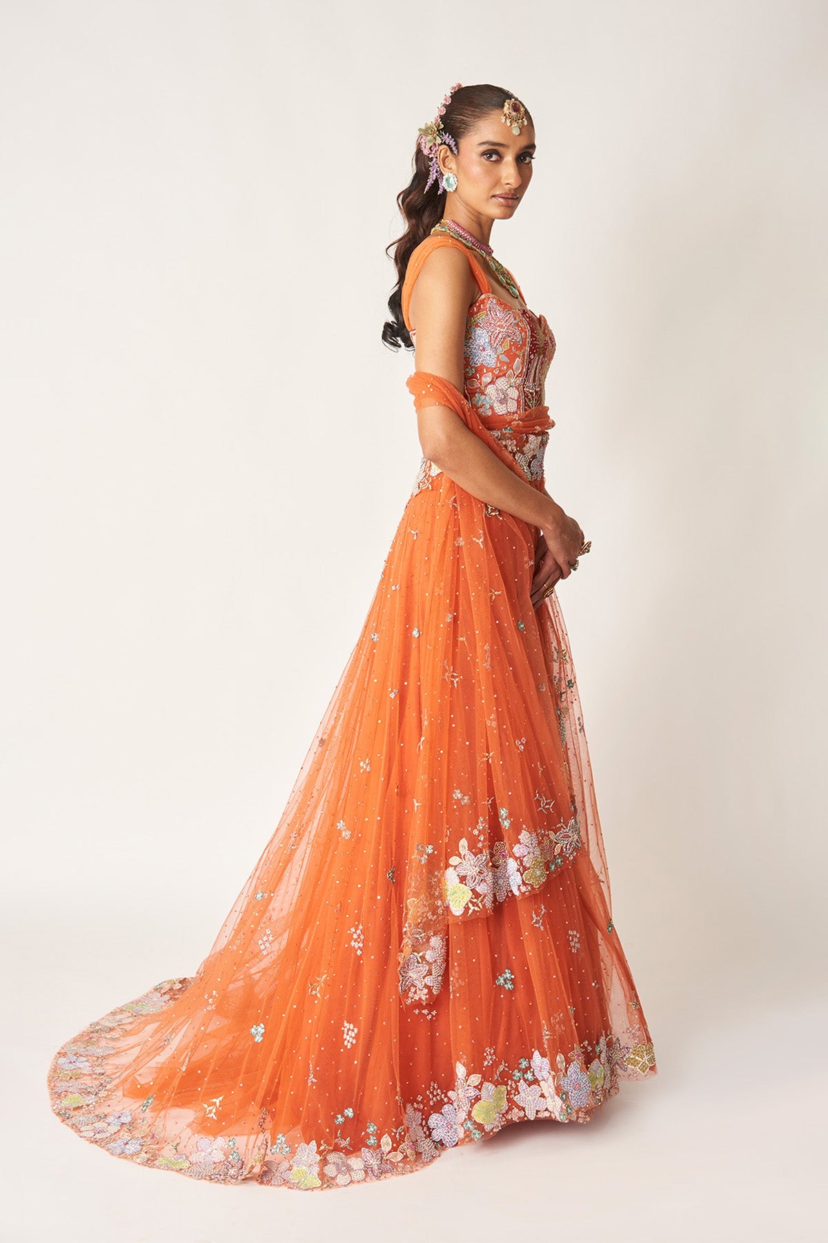 Azalée - Orange Tulle Net Saree Lehenga Set