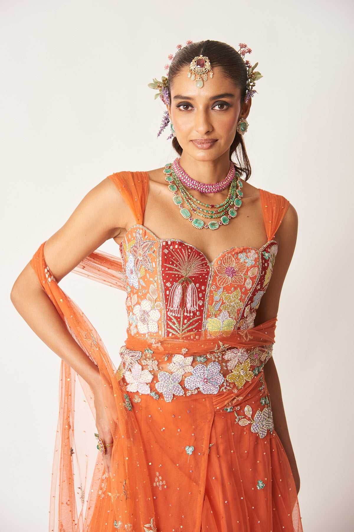 Azalée - Orange Tulle Net Saree Lehenga Set