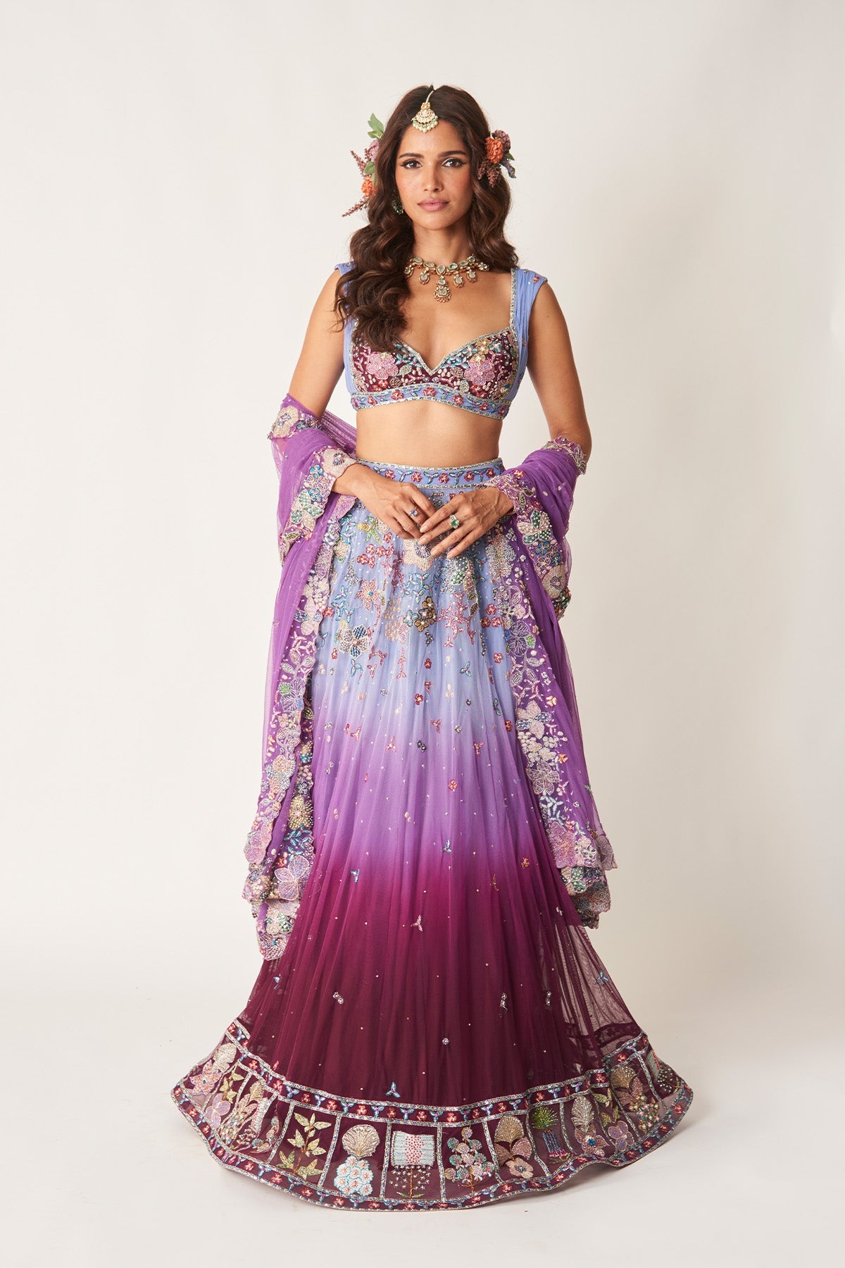 Mirabelle - Blue-Plum Tulle Net Lehenga Set