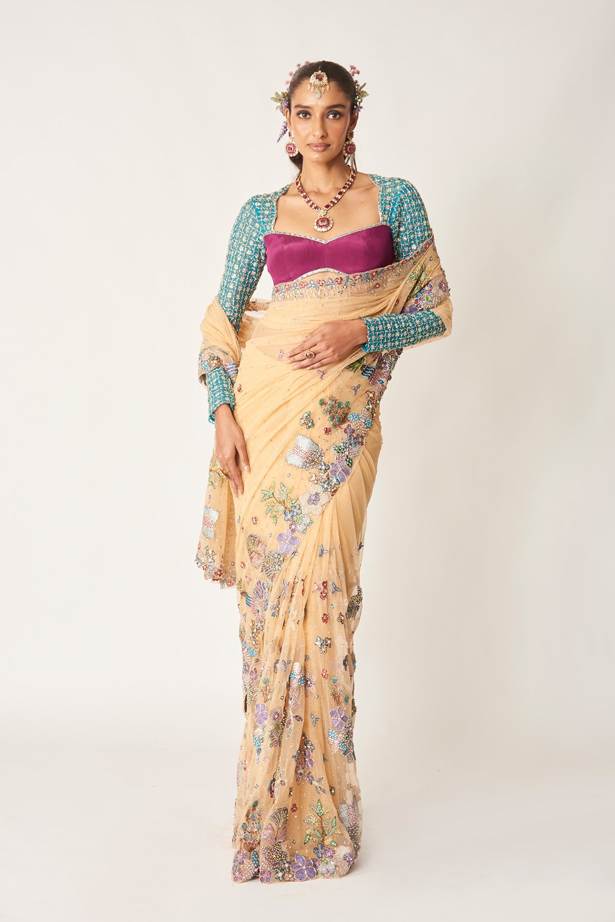Célia - Bisque Tulle Net Saree Set
