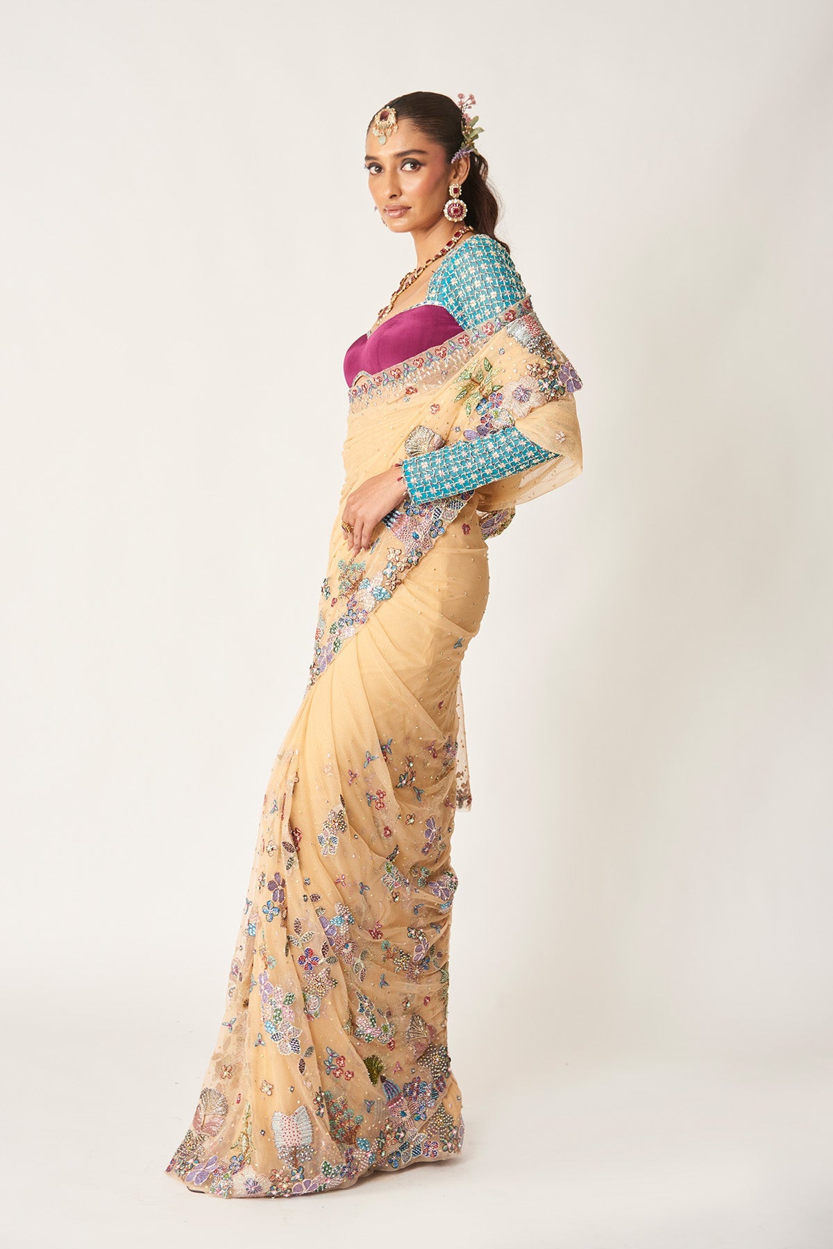 Célia - Bisque Tulle Net Saree Set