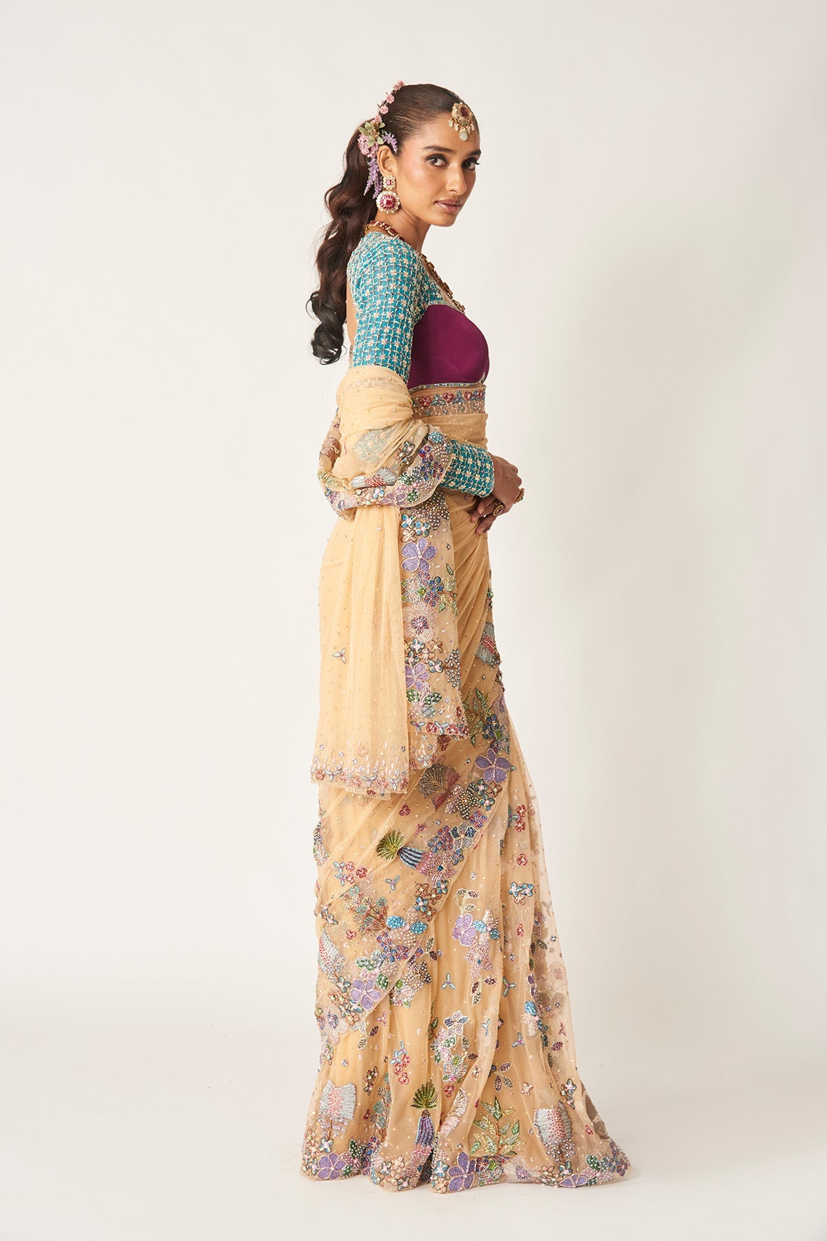 Célia - Bisque Tulle Net Saree Set