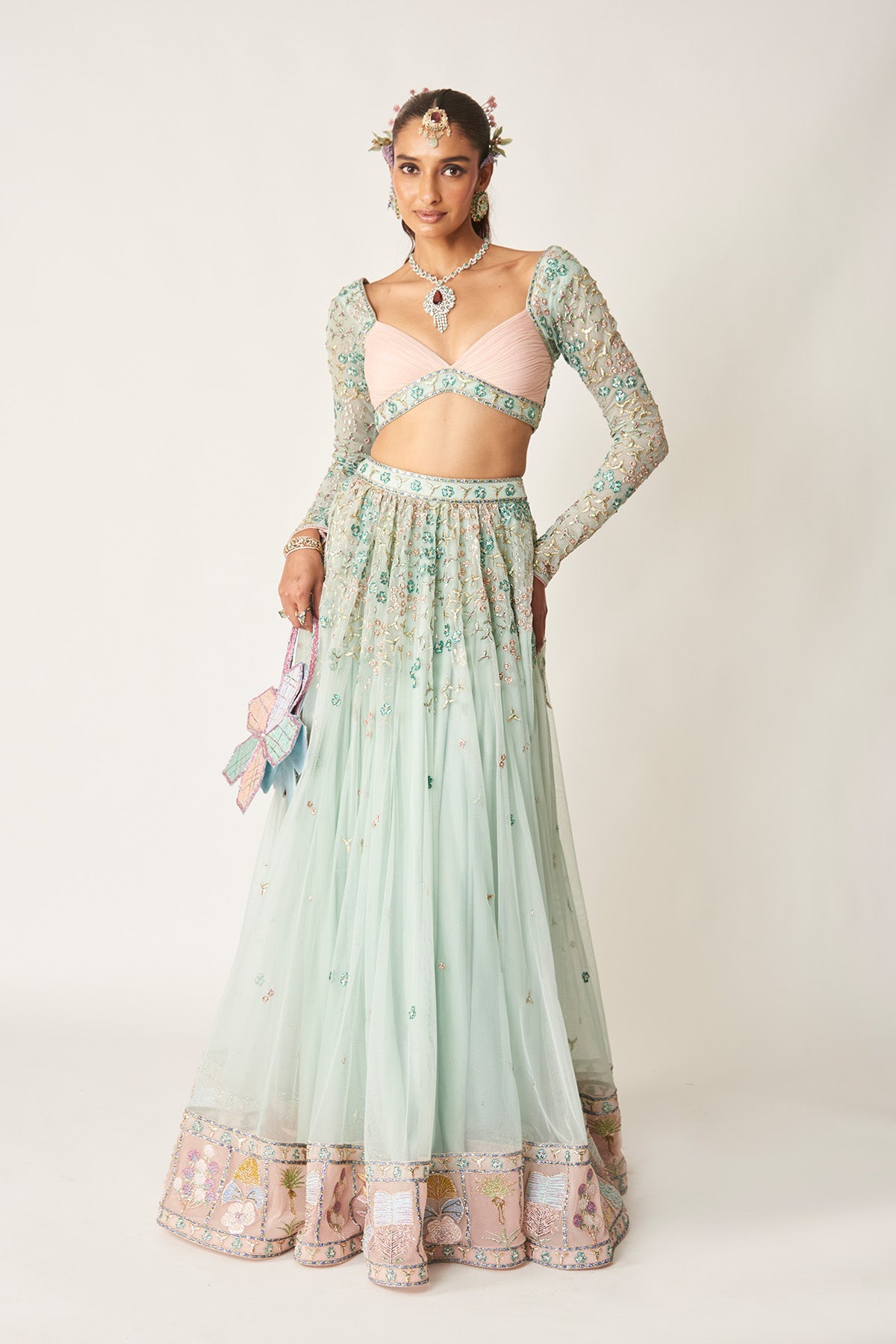 Verlise - Powder Blue Tulle Net Lehenga Set