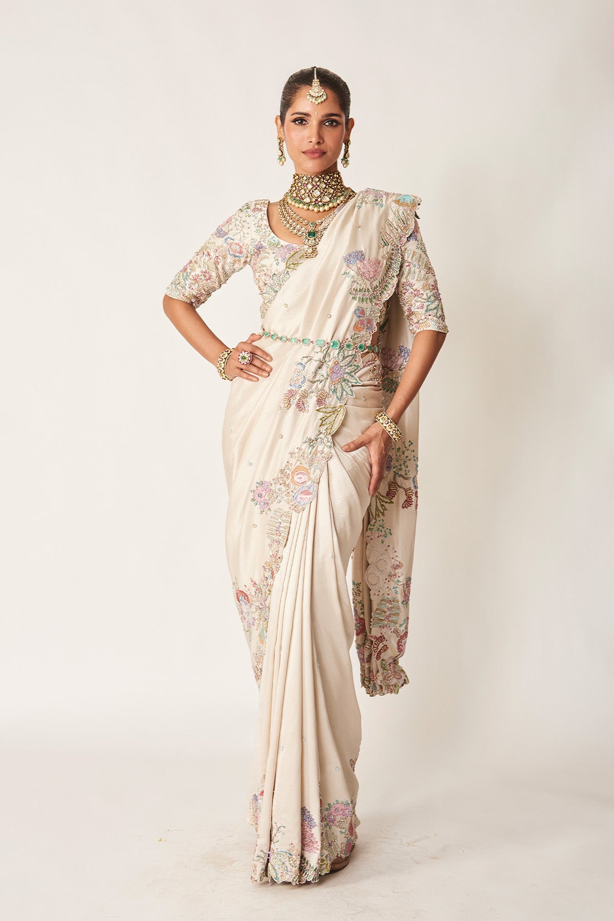 Alina - Ivory Dupion Silk Saree Set