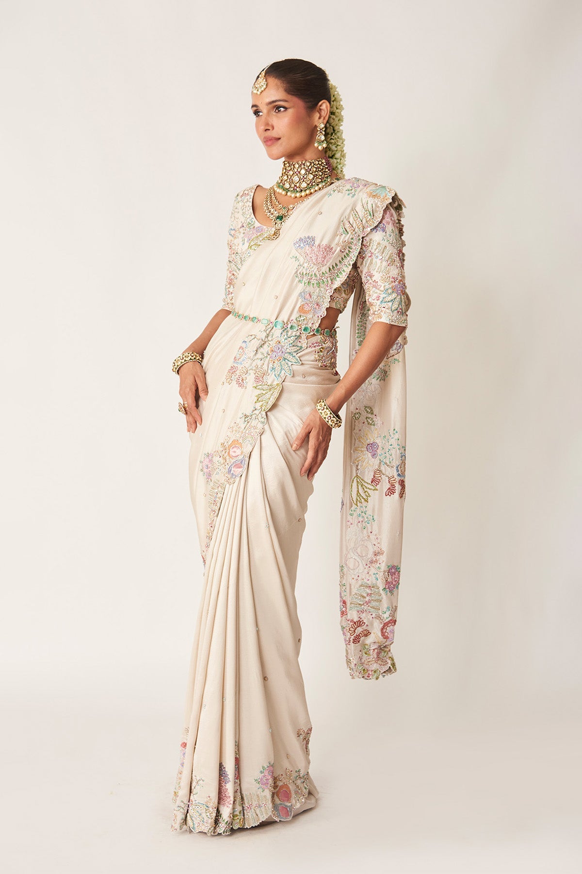 Alina - Ivory Dupion Silk Saree Set