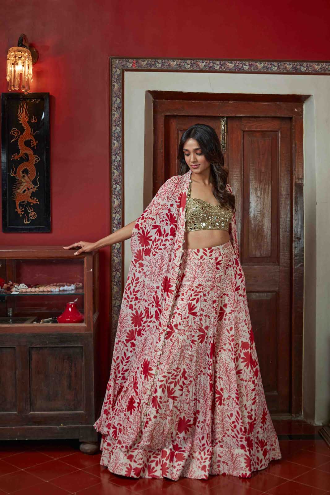 Sand & red garden print sharara set