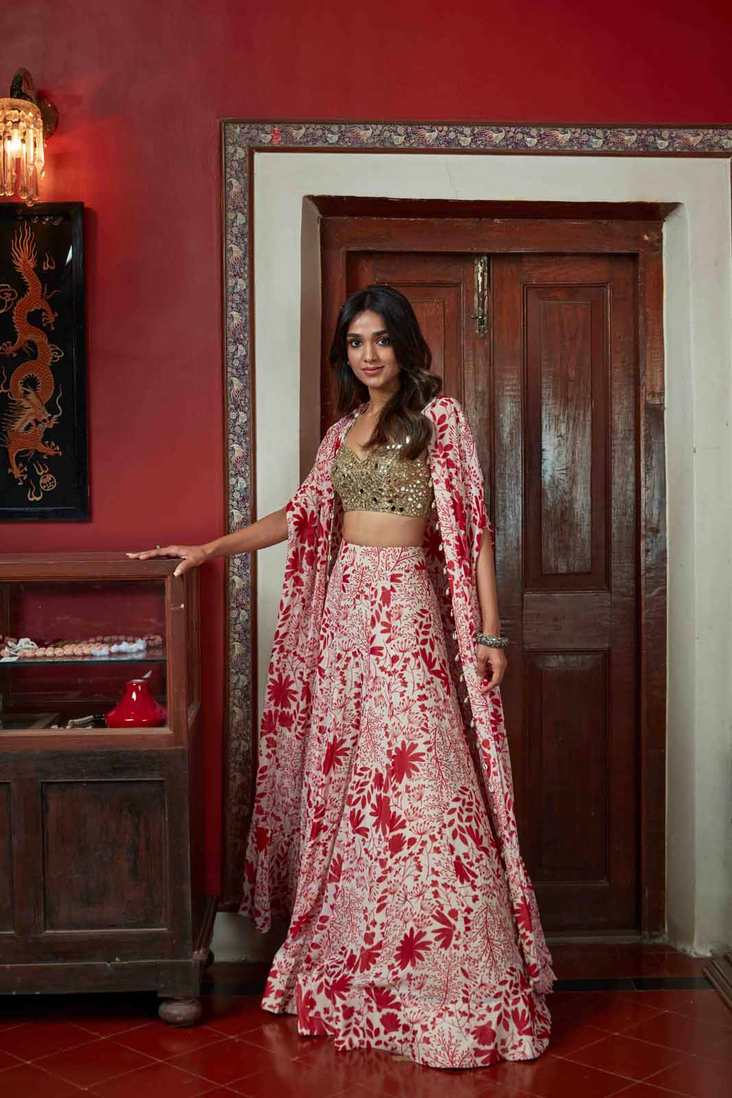 Sand & red garden print sharara set