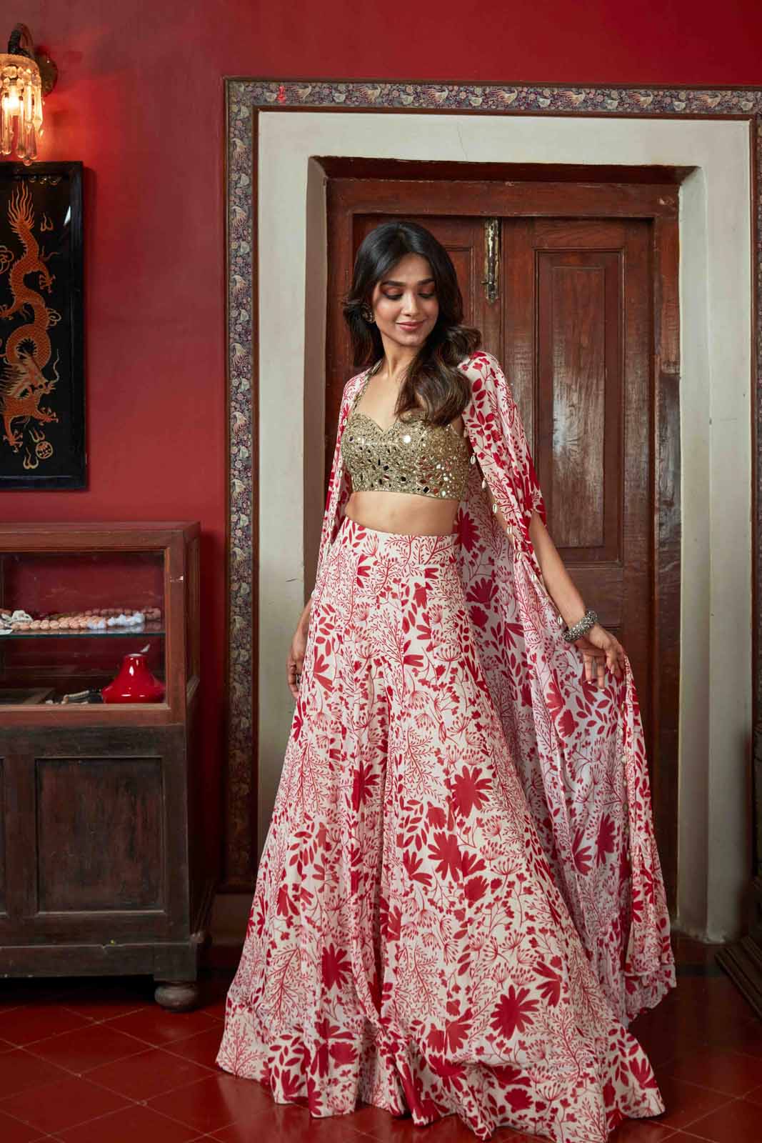 Sand & red garden print sharara set