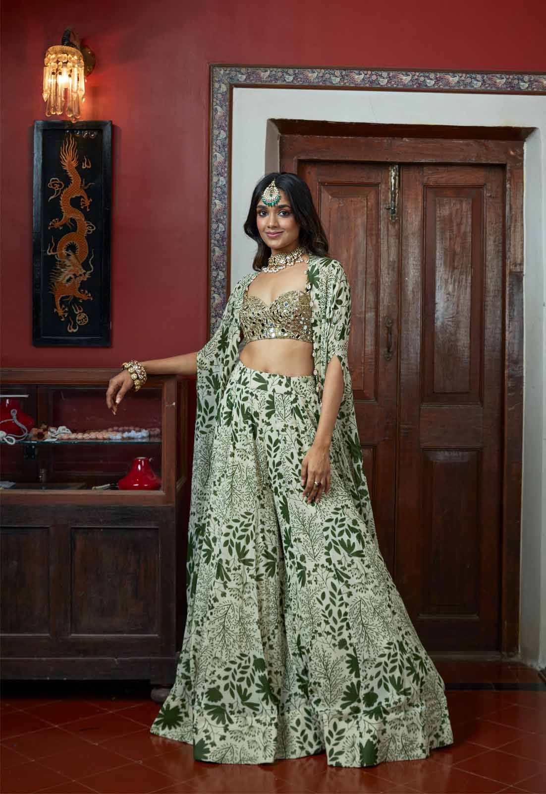 Sand & green garden print sharara set