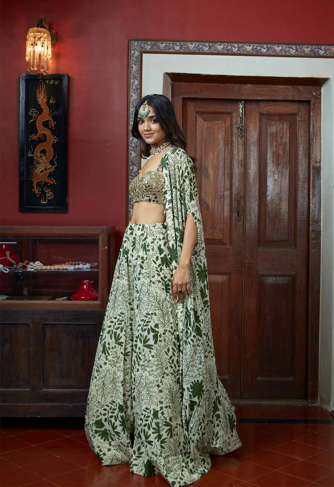 Sand & green garden print sharara set