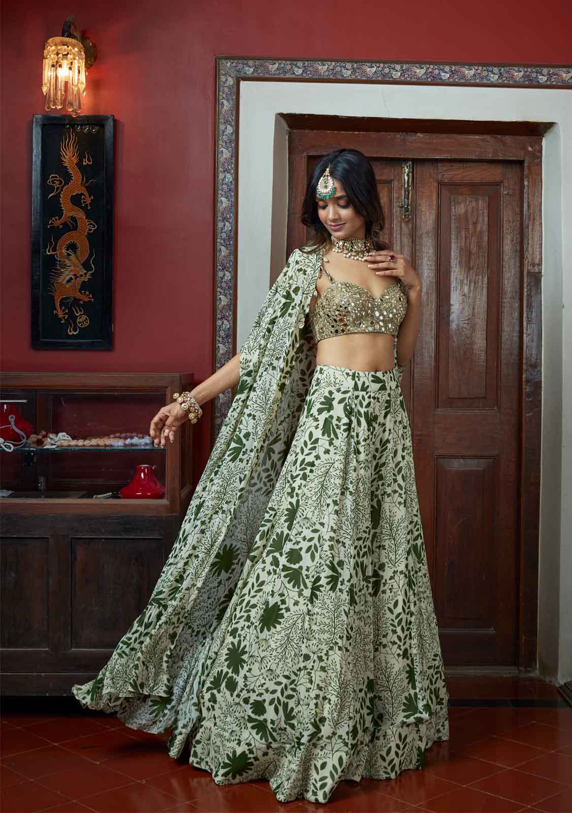 Sand & green garden print sharara set