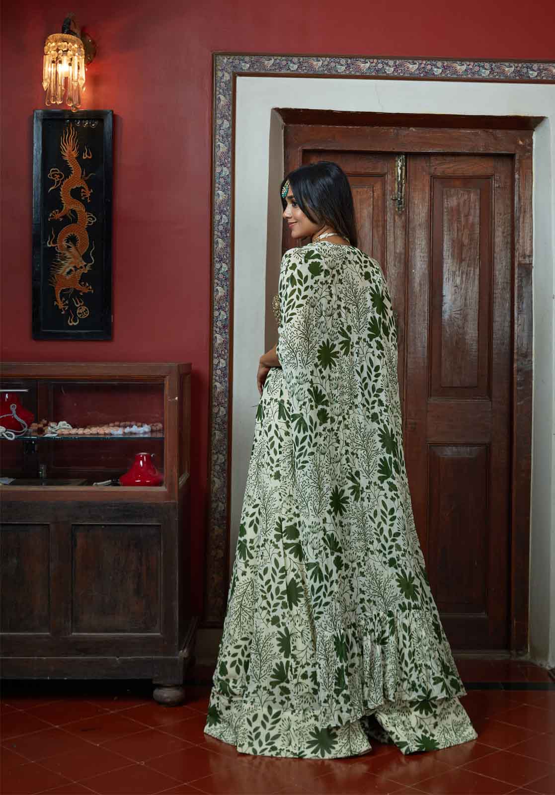 Sand & green garden print sharara set