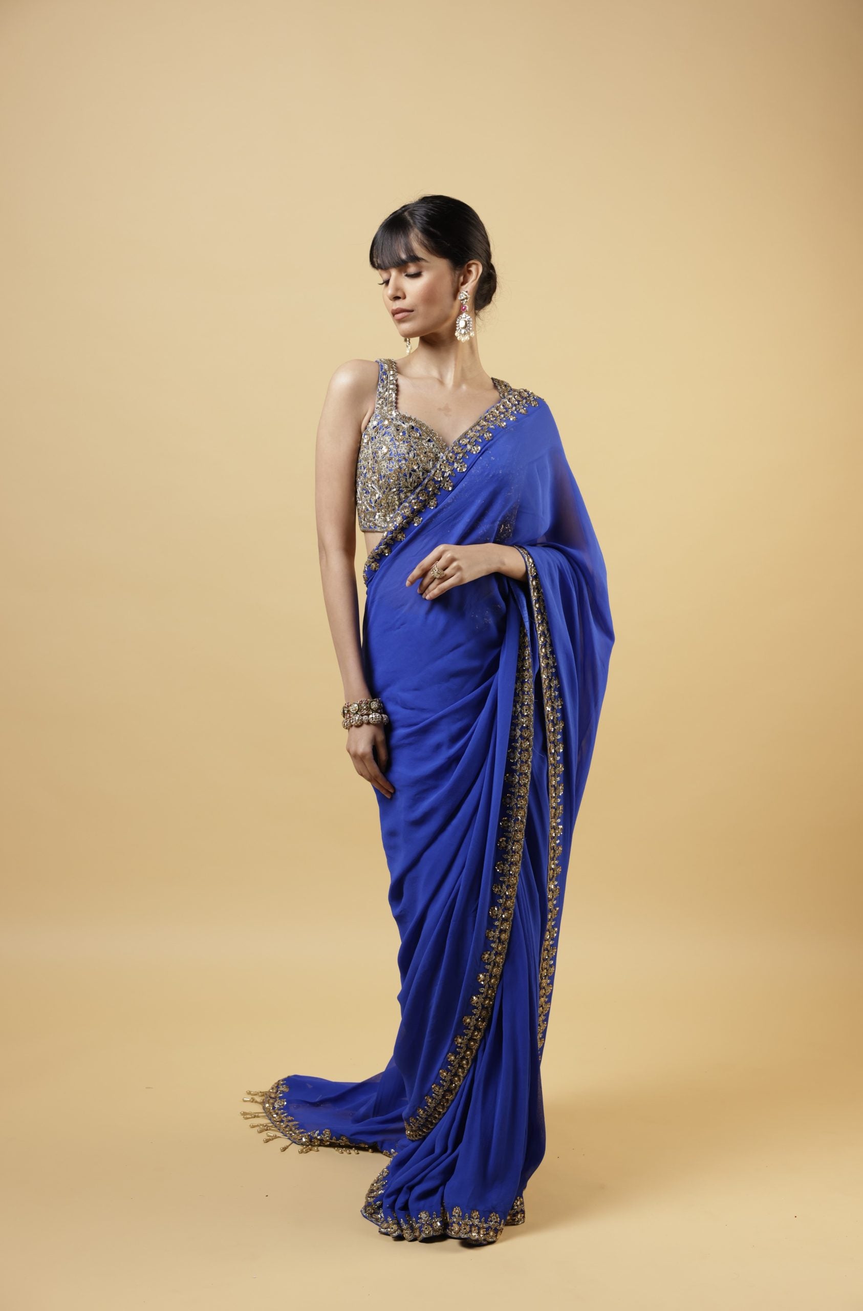 Electric blue & Beige gold mirror sequin & cutdana hand embroidered sari