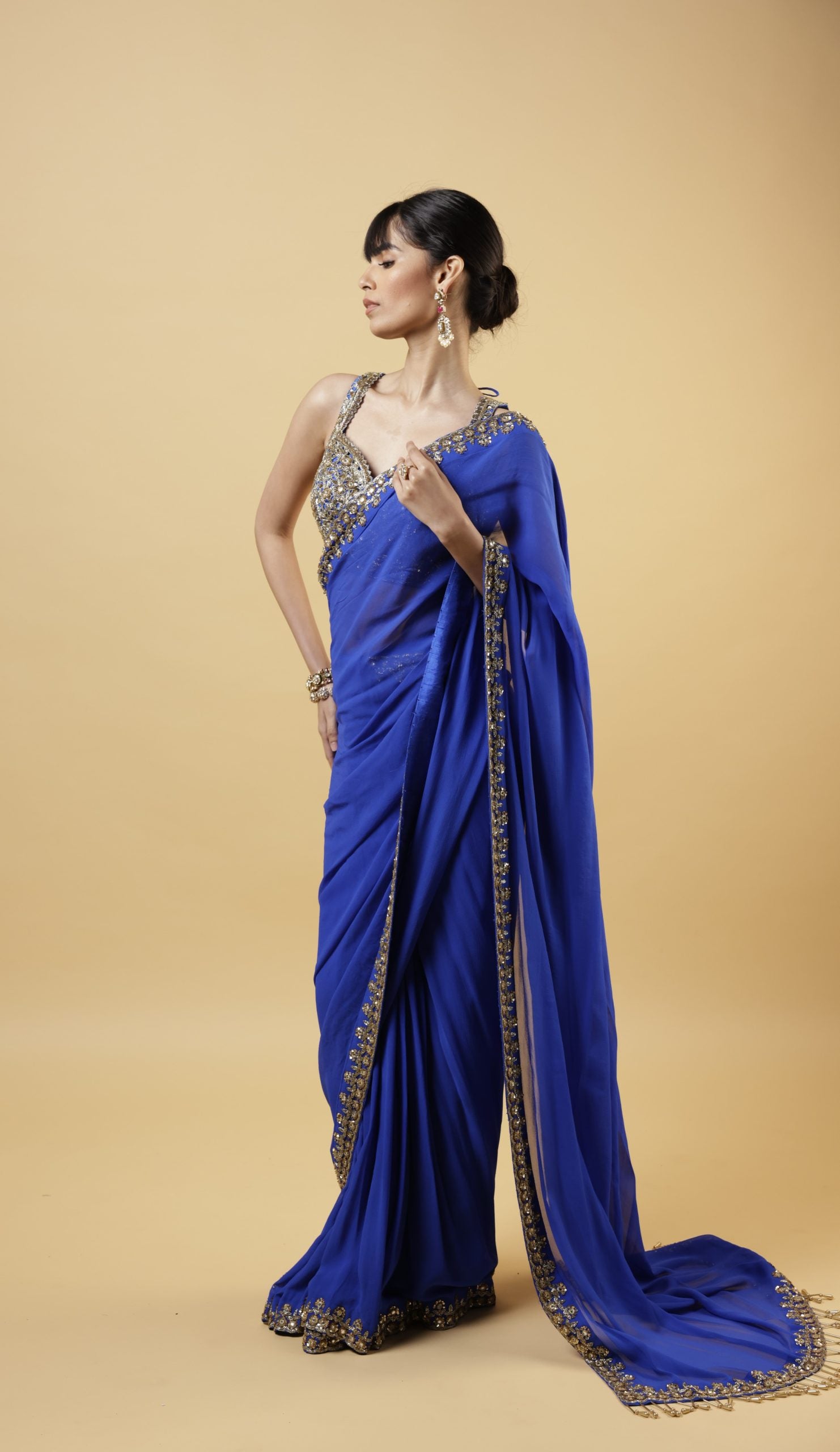 Electric blue & Beige gold mirror sequin & cutdana hand embroidered sari