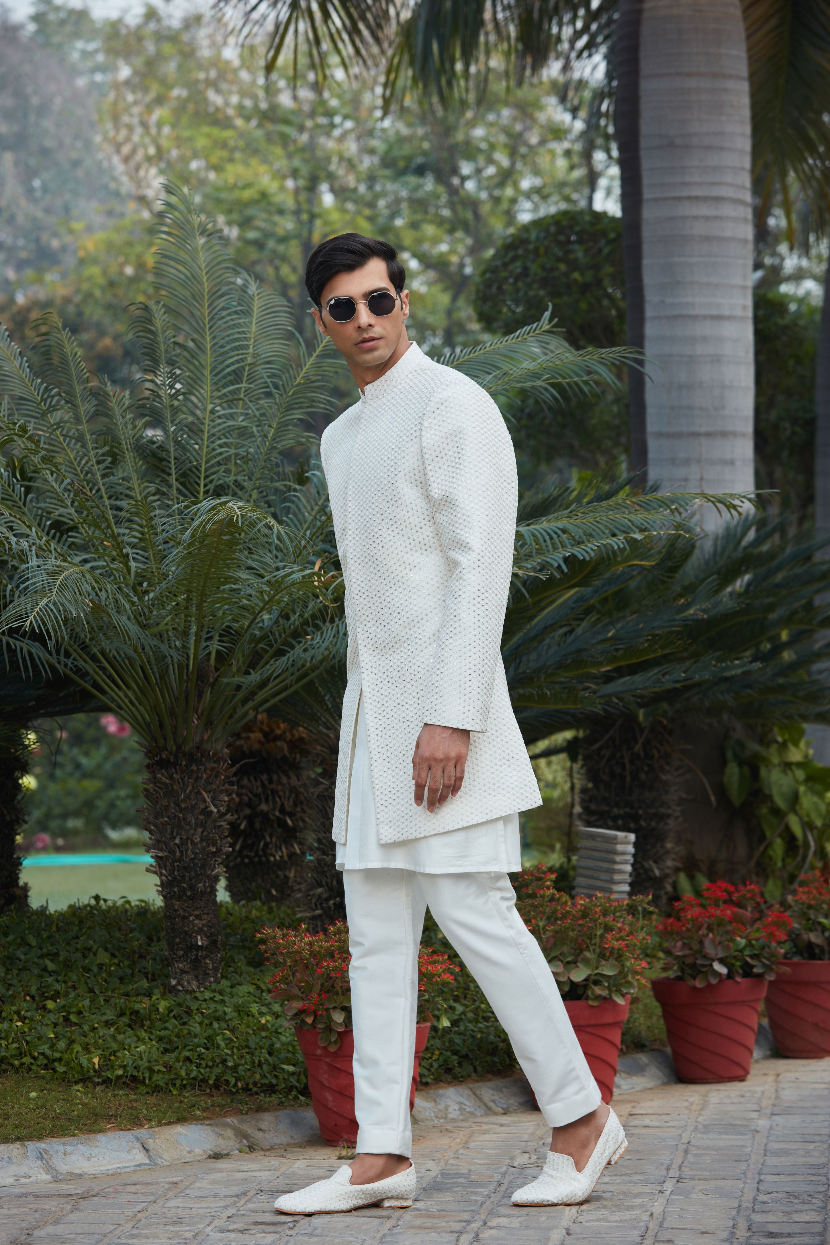 Raksa - Off White Chikankari Achkan Jacket With Front Open Kurta Set