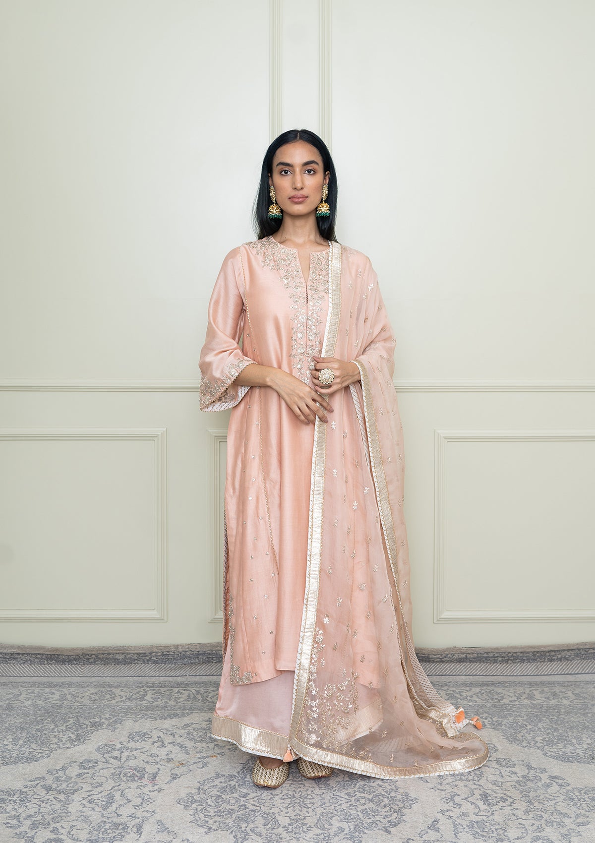 Baarizah-Pearl Pink Embroidered Choga Kurta Set