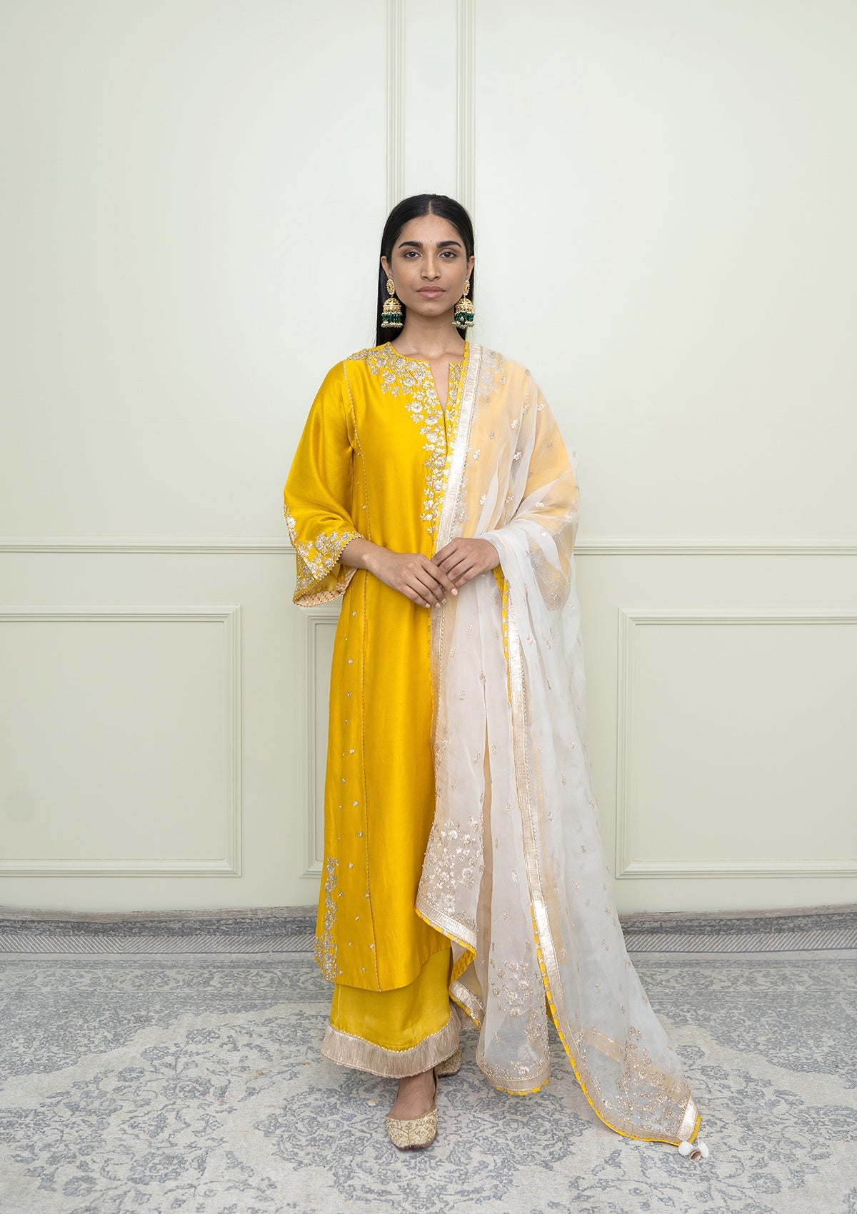 Baarizah-Glaze Mustard Embroidered Choga Kurta Set