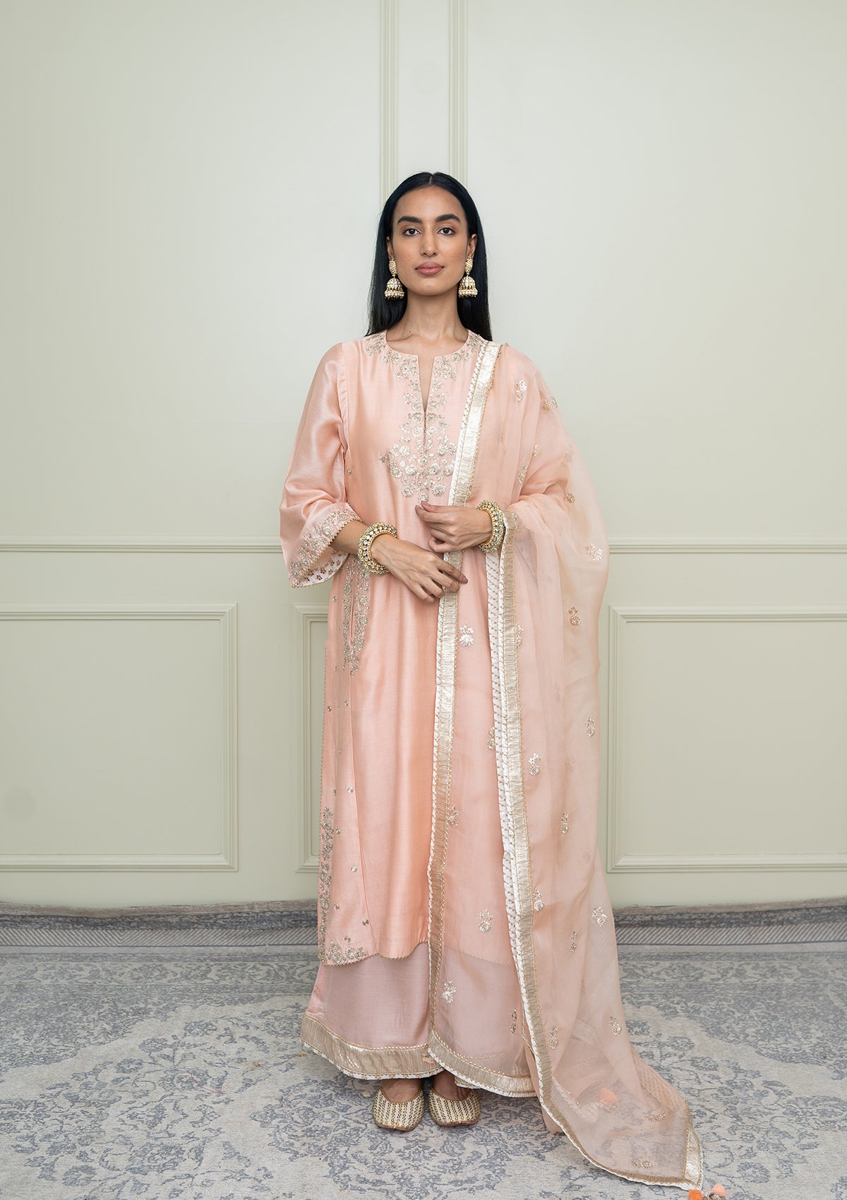 Basirah-Pearl Pink Gota Embroidered Choga Kurta Set