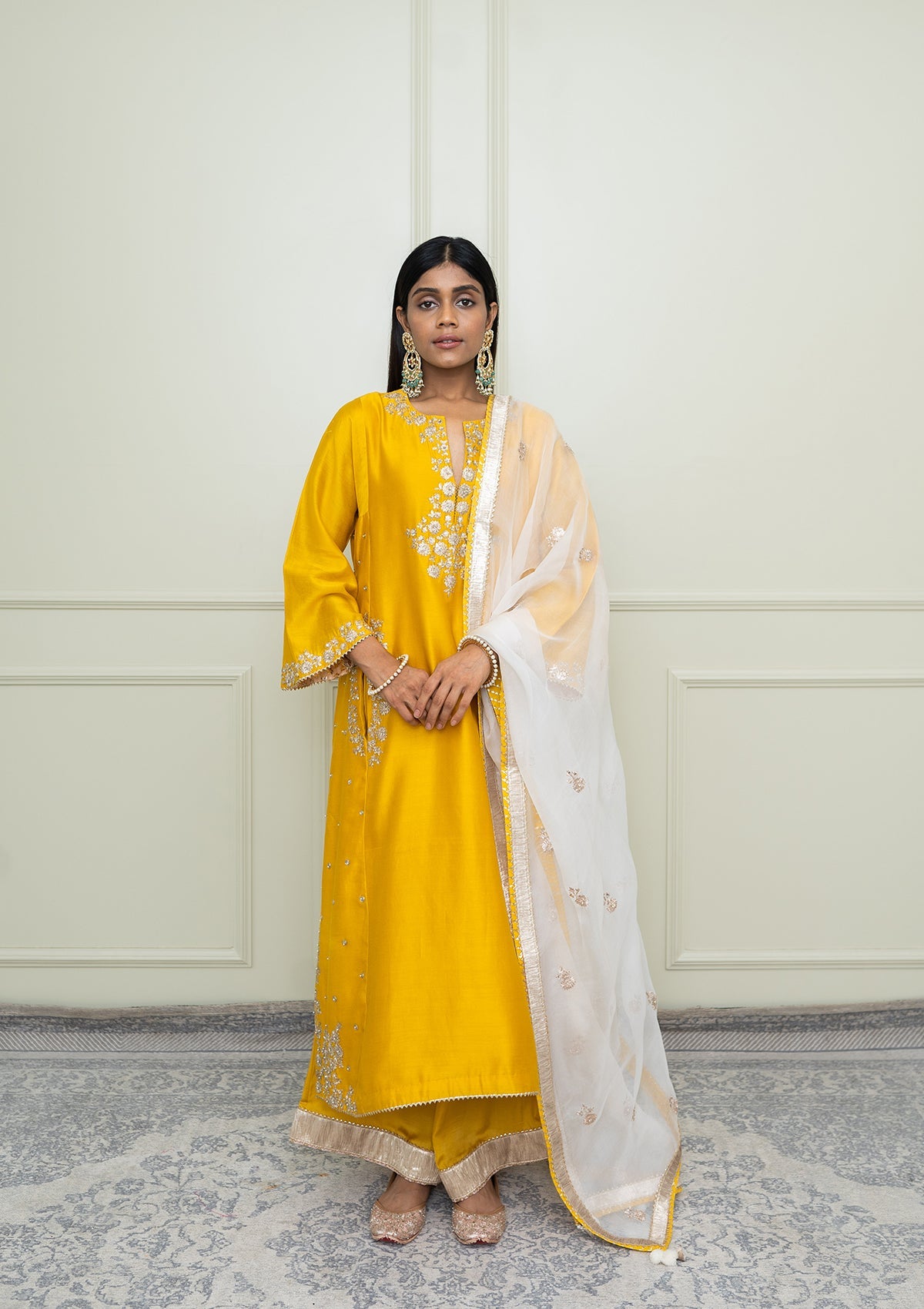 Basirah-Glaze Mustard Gota Embroidered Choga Kurta Set