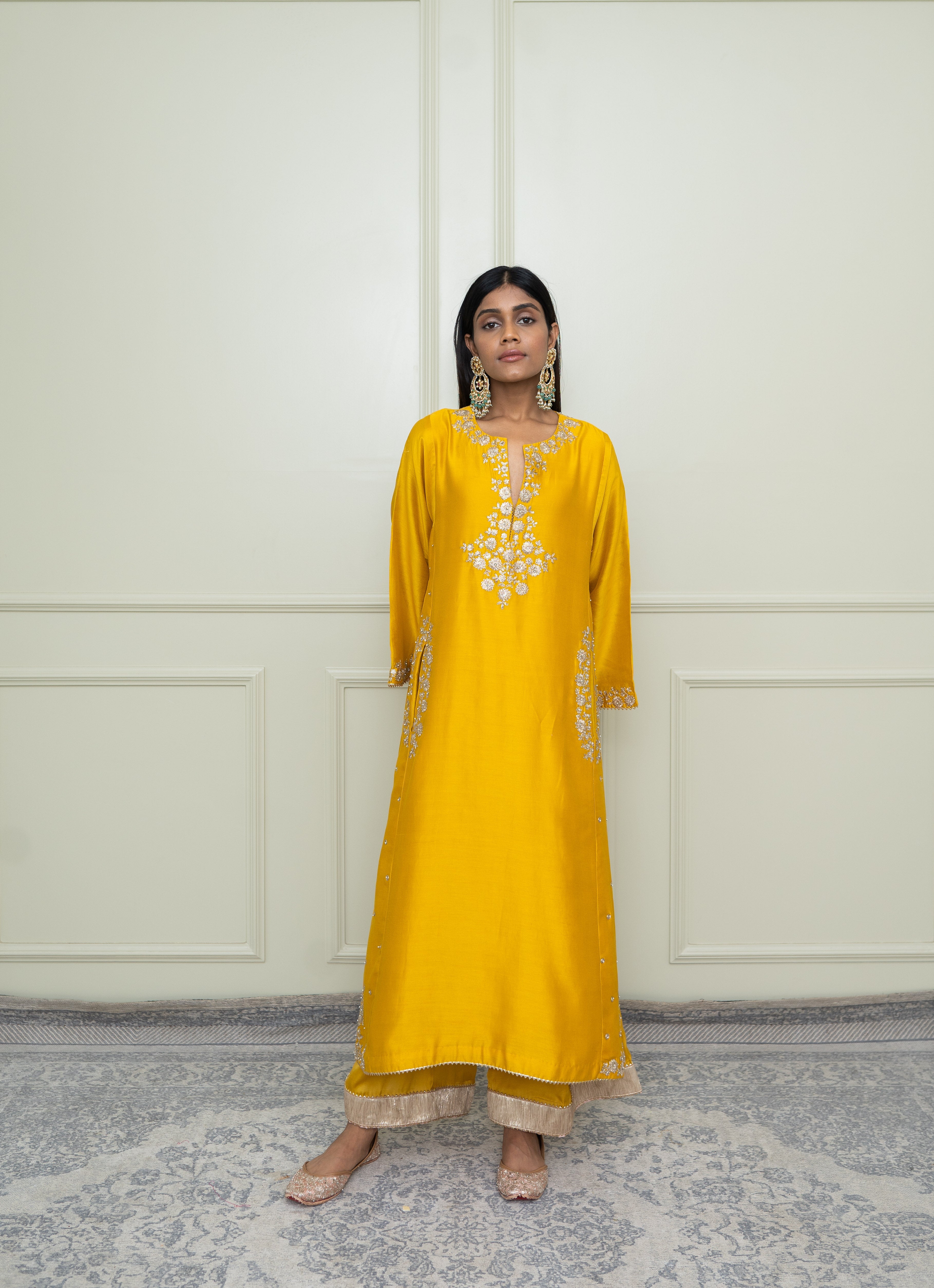 Basirah-Glaze Mustard Gota Embroidered Choga Kurta Set