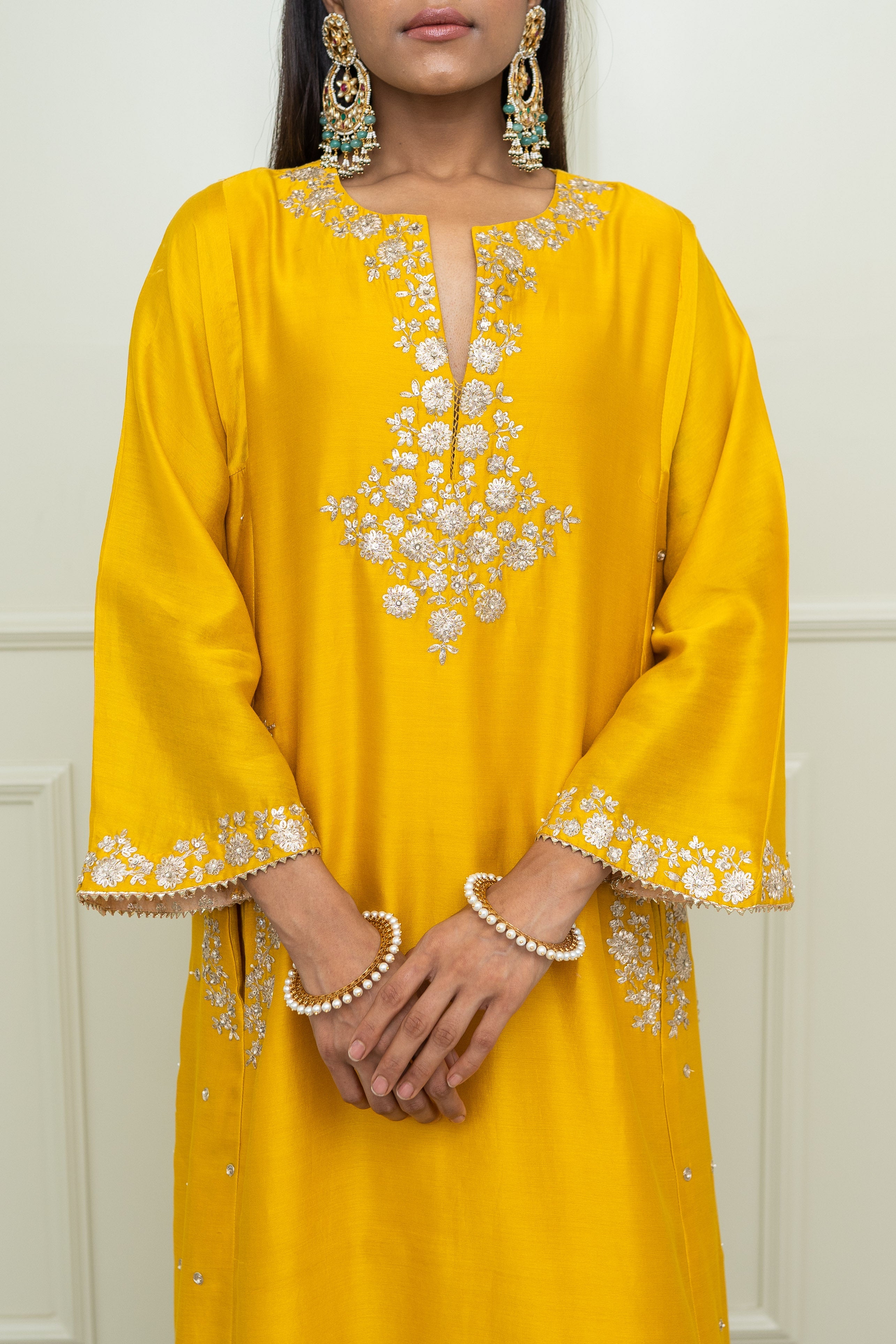 Basirah-Glaze Mustard Gota Embroidered Choga Kurta Set