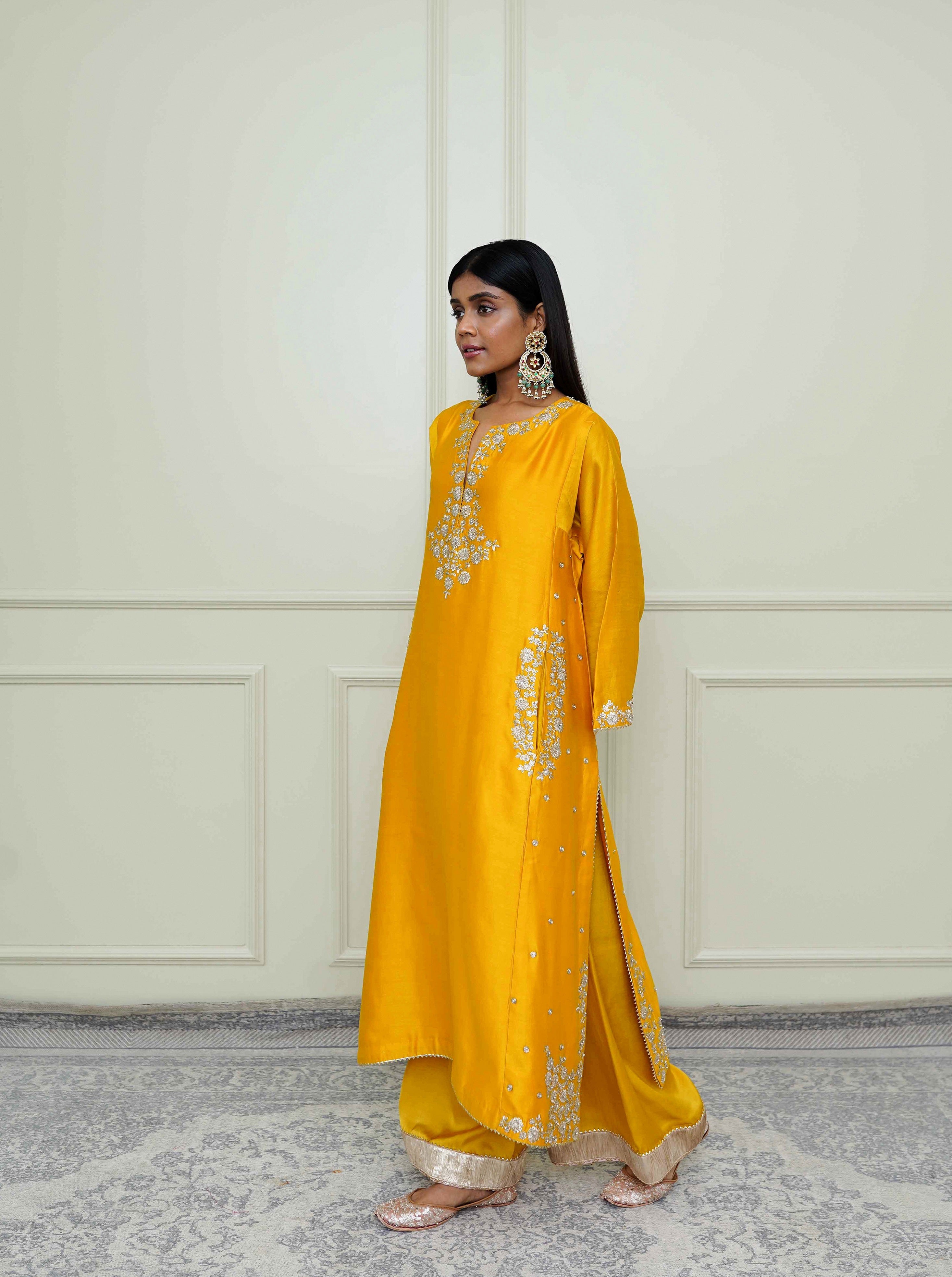 Basirah-Glaze Mustard Gota Embroidered Choga Kurta Set